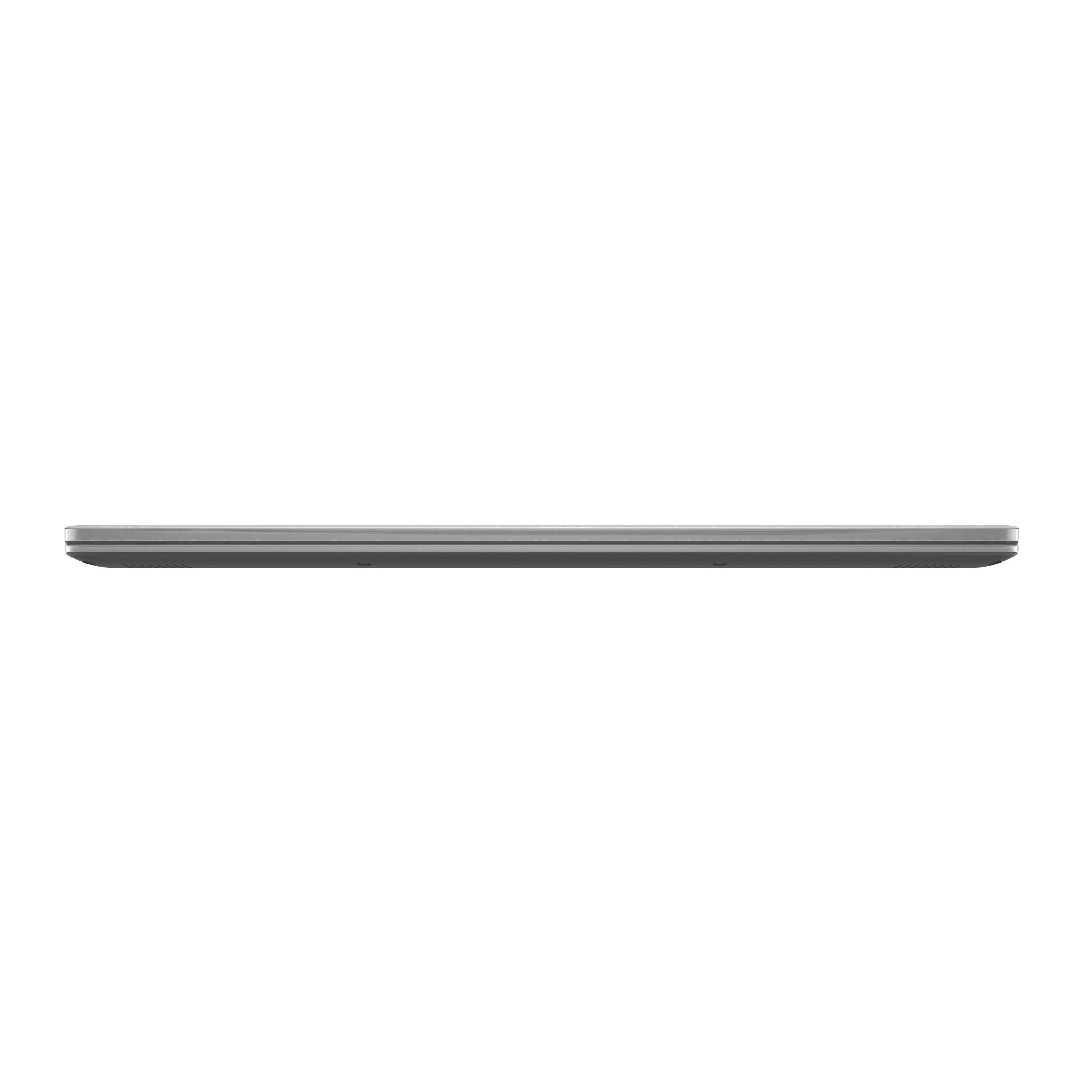 Seitenansicht eines dünnen silbernen Laptops, der flach geschlossen ist und sein schlankes Profil vor einem weißen Hintergrund zeigt.