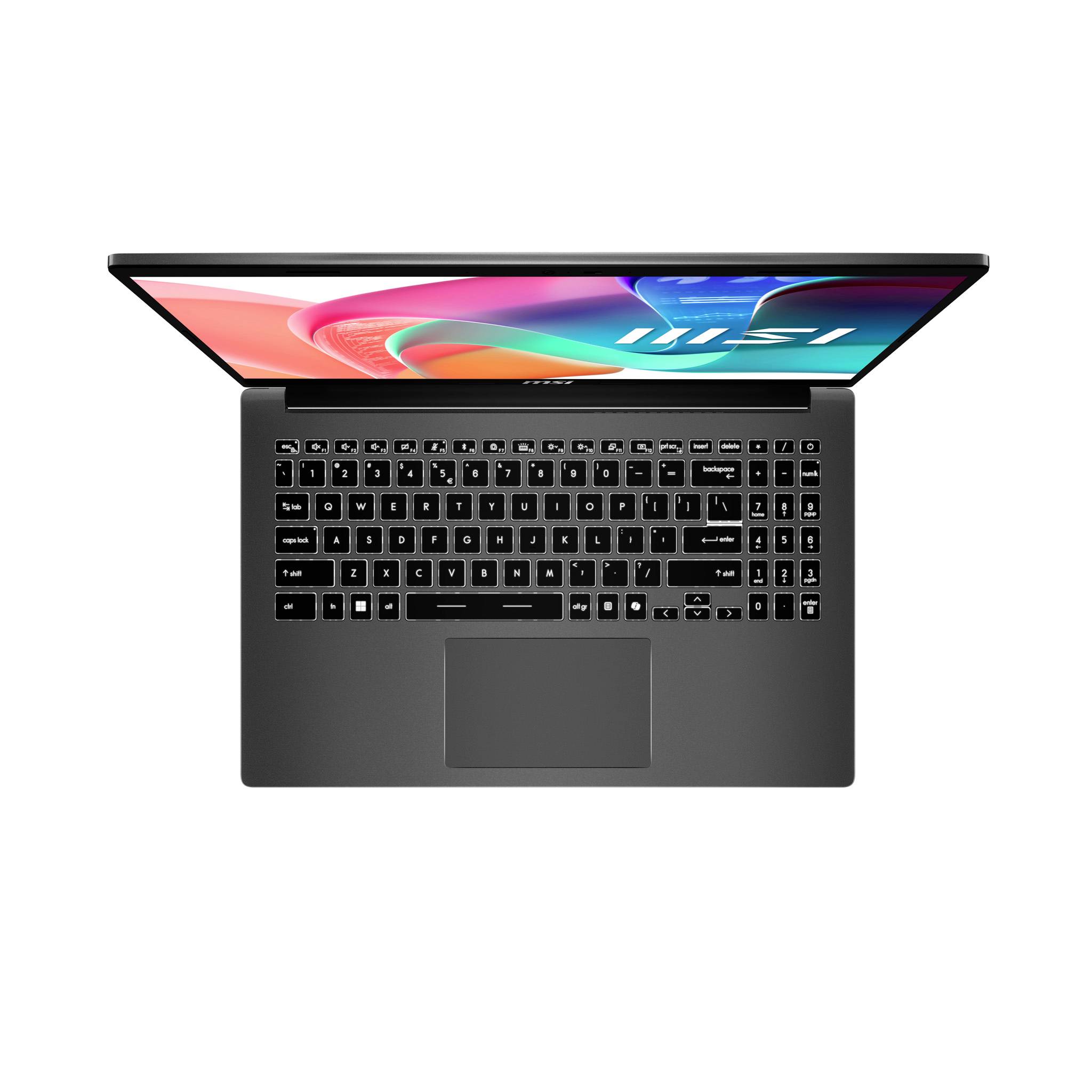 Draufsicht auf einen grauen Laptop mit geöffnetem Bildschirm, der ein farbiges Display, eine Tastatur und ein zentriertes Trackpad auf weißem Hintergrund zeigt.