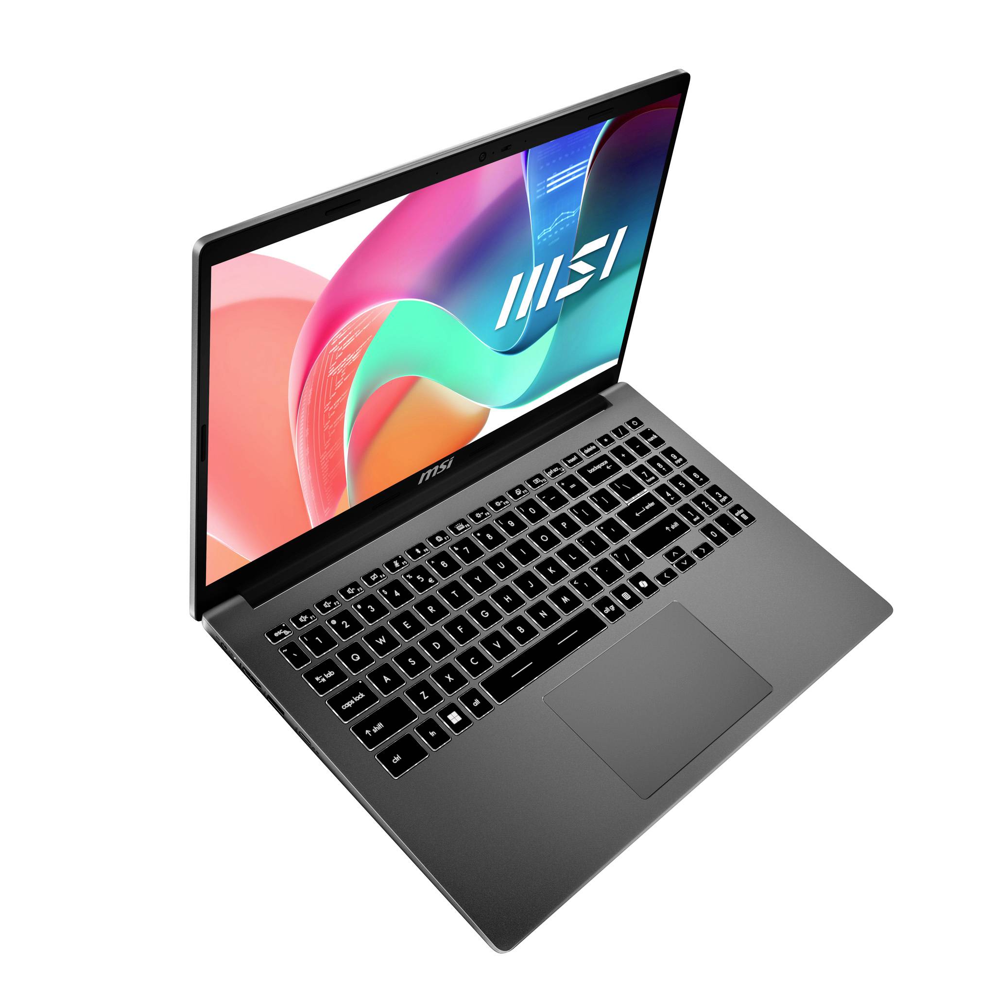 Ein MSI-Laptop, der im Winkel geöffnet ist, zeigt ein farbenfröhliches abstraktes Hintergrundbild auf dem Bildschirm, schwarze Tastatur und großes Touchpad auf weißem Hintergrund.