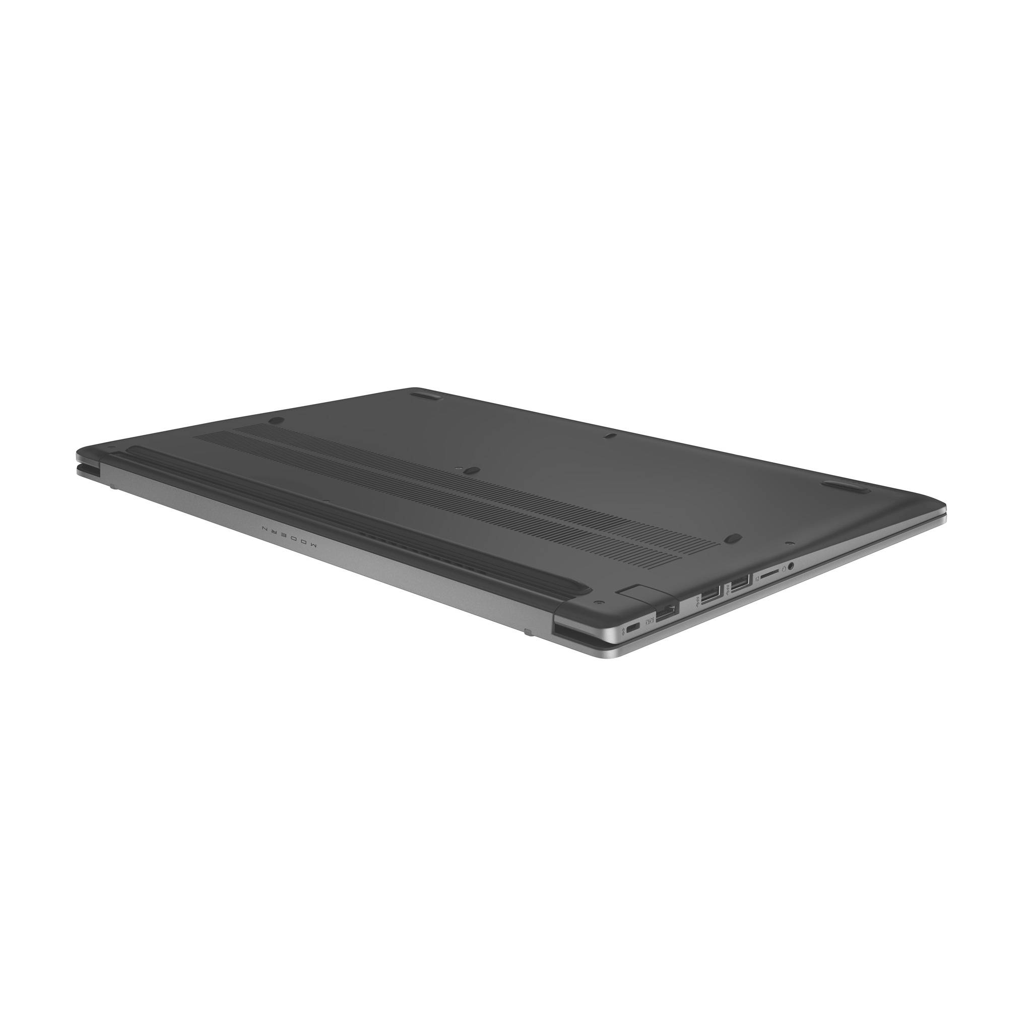 Geschlossener dunkelgrauer Laptop in schräger Seitenansicht auf weißem Hintergrund.