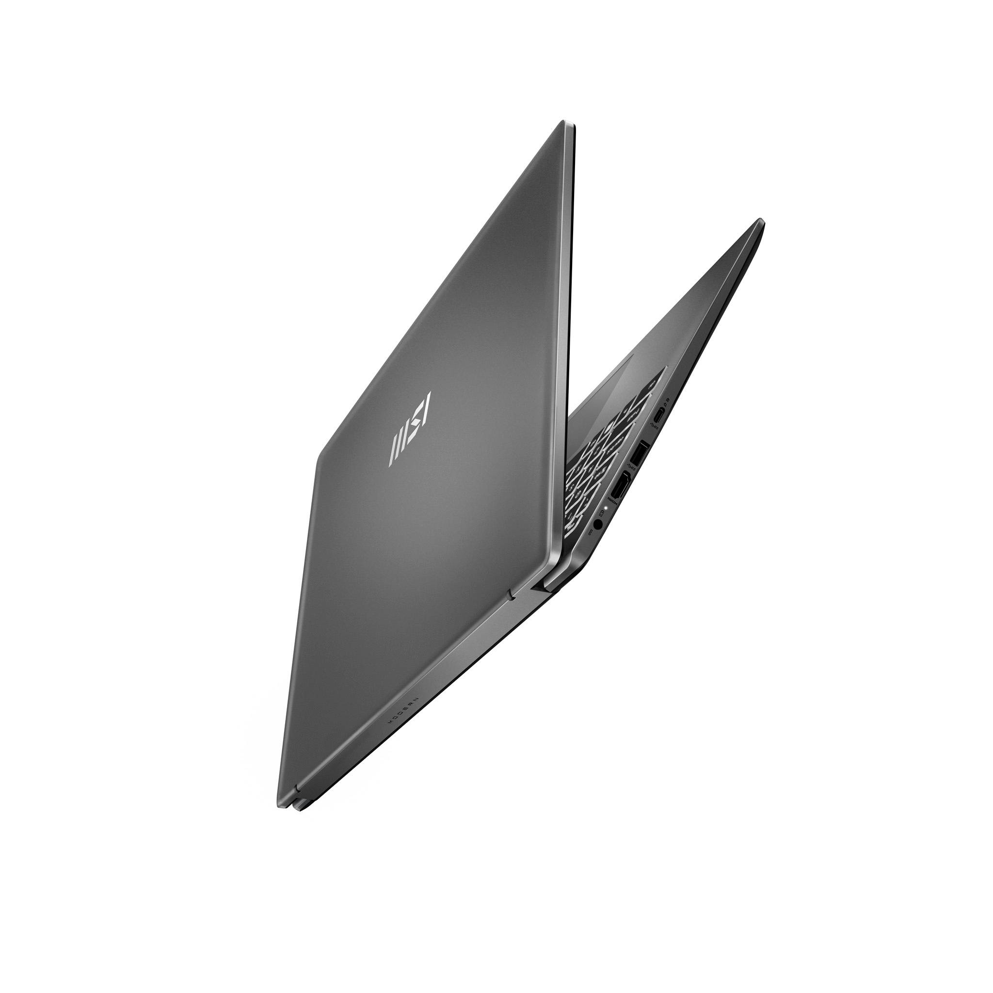 Geschlossener grauer MSI-Laptop, der teilweise geöffnet in einem Winkel auf weißem Hintergrund gezeigt wird.