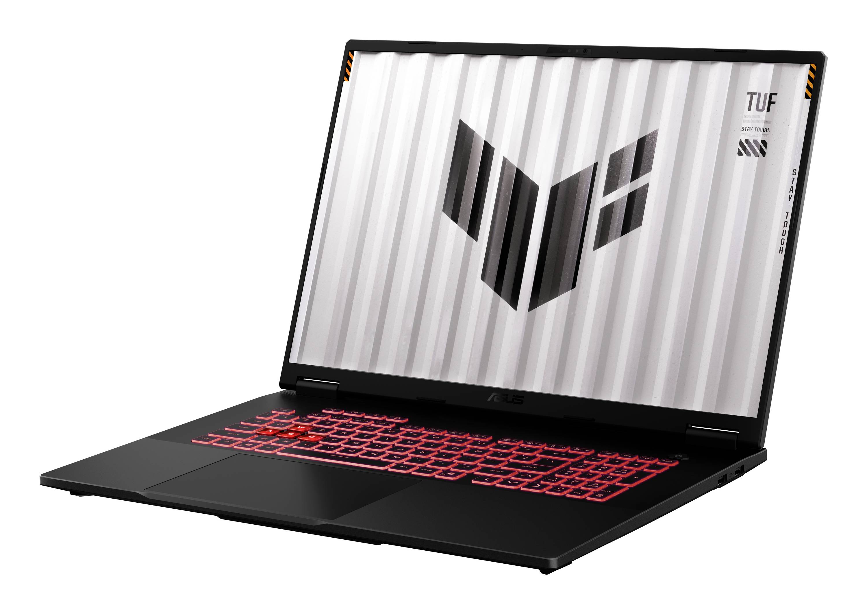 Schwarzer ASUS TUF Gaming-Laptop, aufgeklappt in einem Winkel, mit rot beleuchteter Tastatur und TUF-Logo auf dem Bildschirm.