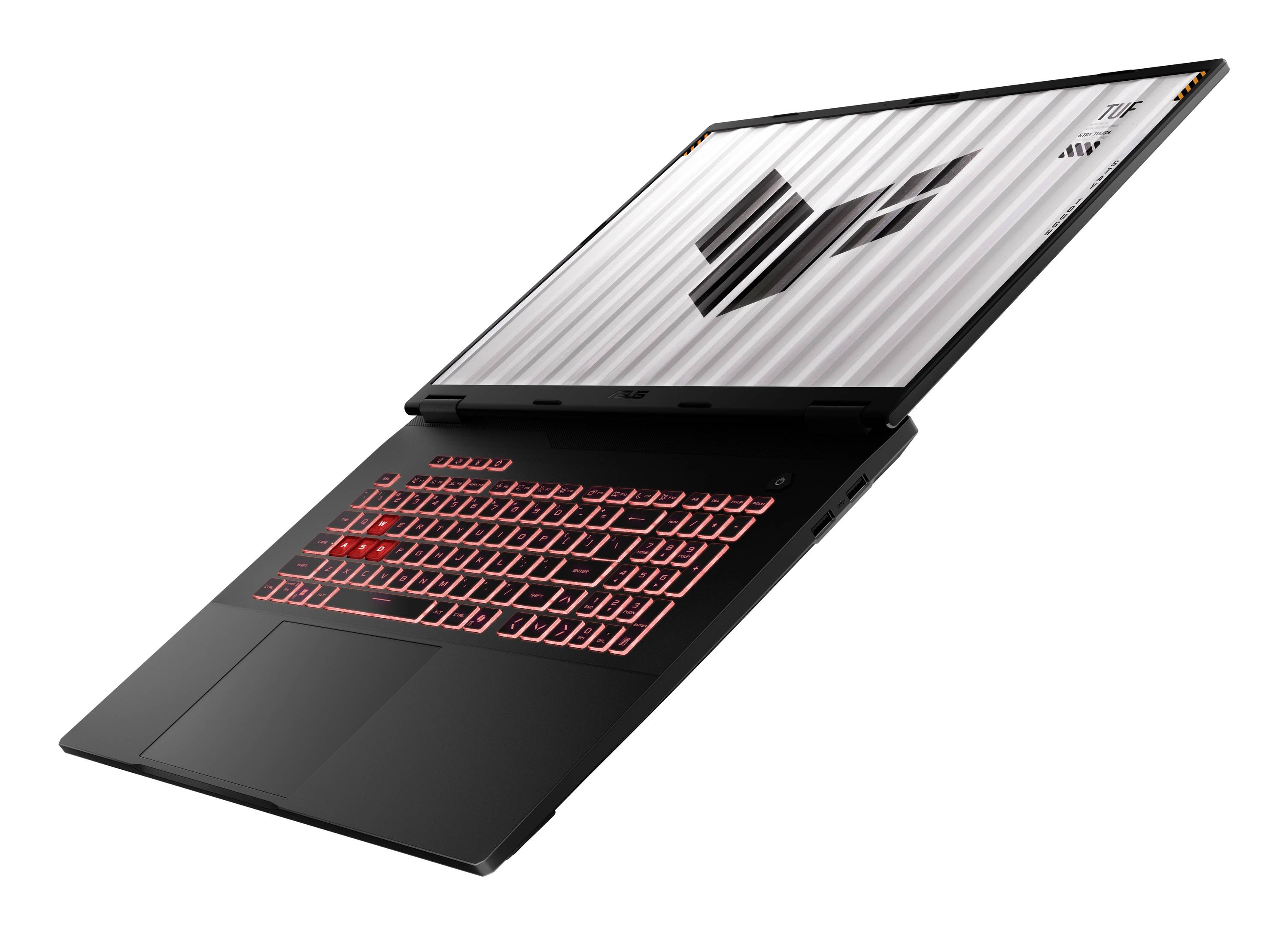 Offener schwarzer Laptop mit rot hinterleuchter Tastatur und transparentem gestreiftem Display, auf dem eine abstrakte schwarze Grafik auf weißem Hintergrund angezeigt wird.