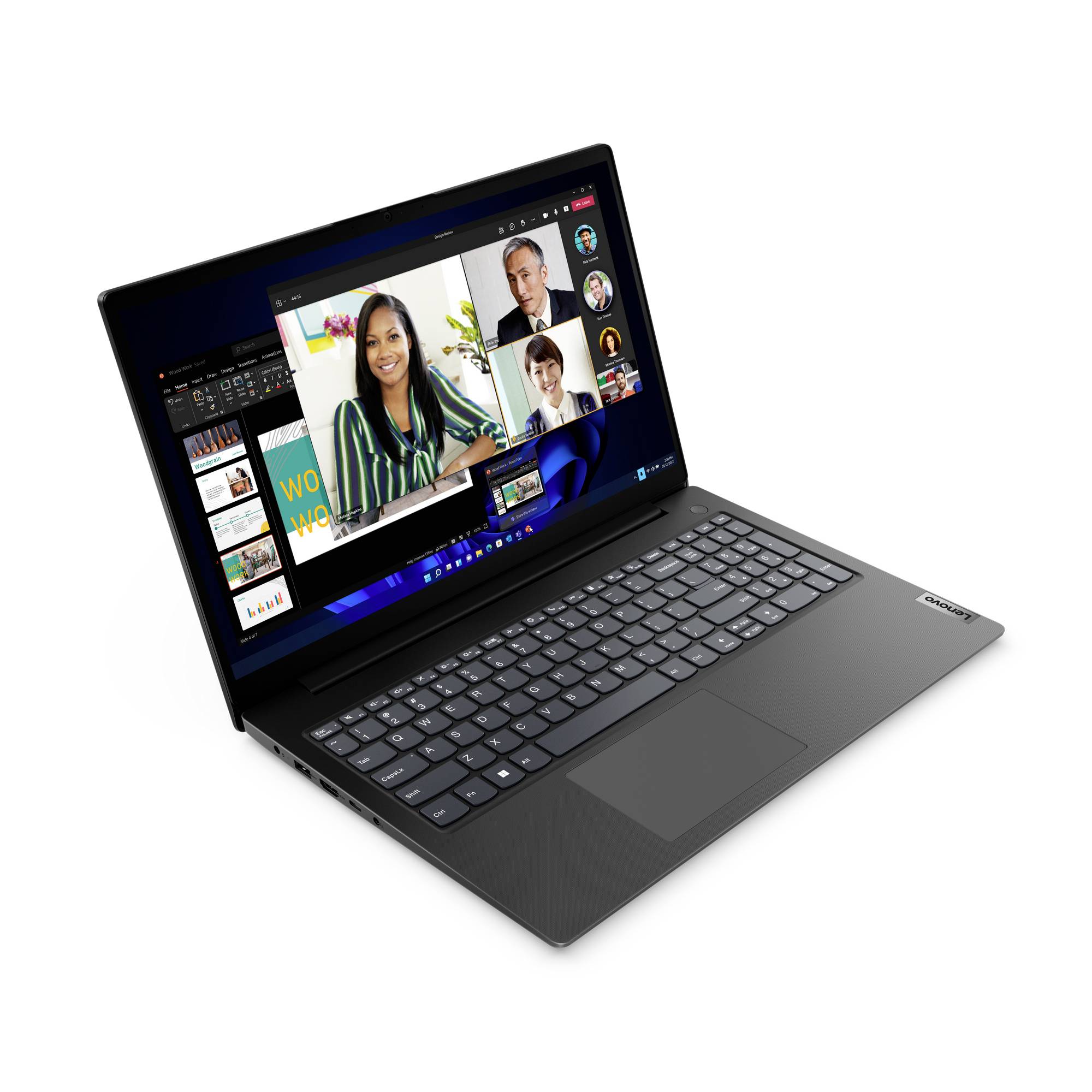 Laptop, das ein Videokonferenz mit drei Teilnehmern und Präsentationsfolien auf dem Bildschirm zeigt.