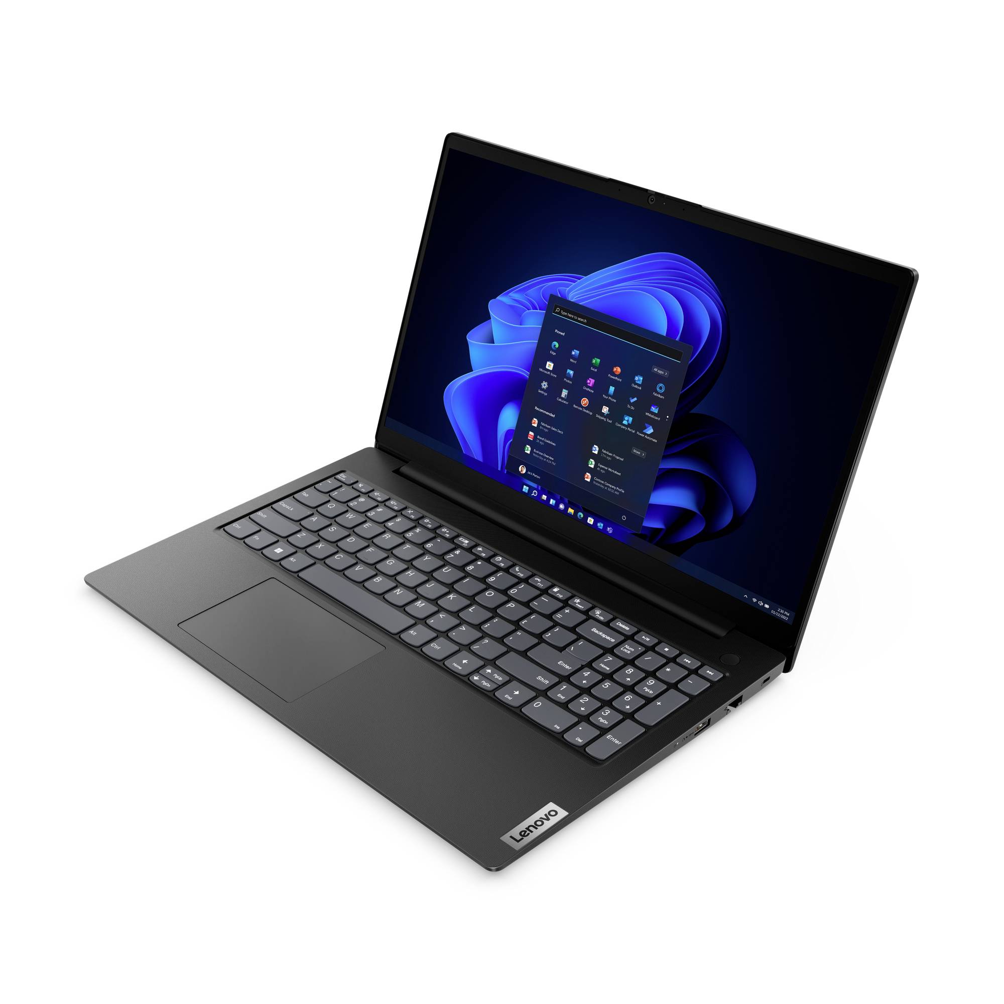 Schwarzer Lenovo-Laptop, in einem Winkel geöffnet, zeigt einen Windows-11-Desktop auf dem Bildschirm.