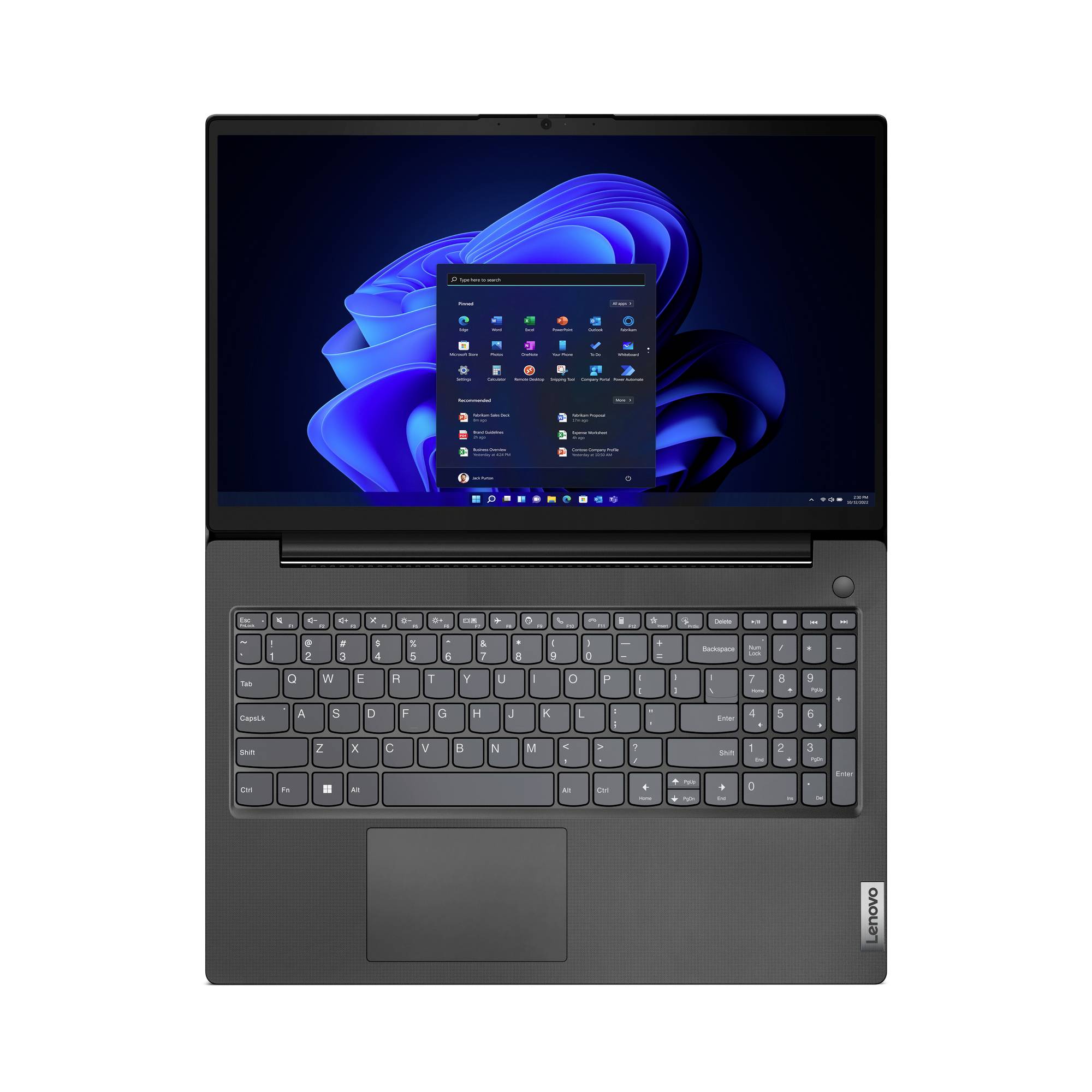 Lenovo-Laptop geöffnet mit Windows 11-Desktop und Startmenü auf dem Bildschirm, geschlossene Tastatur und sichtbares Touchpad.