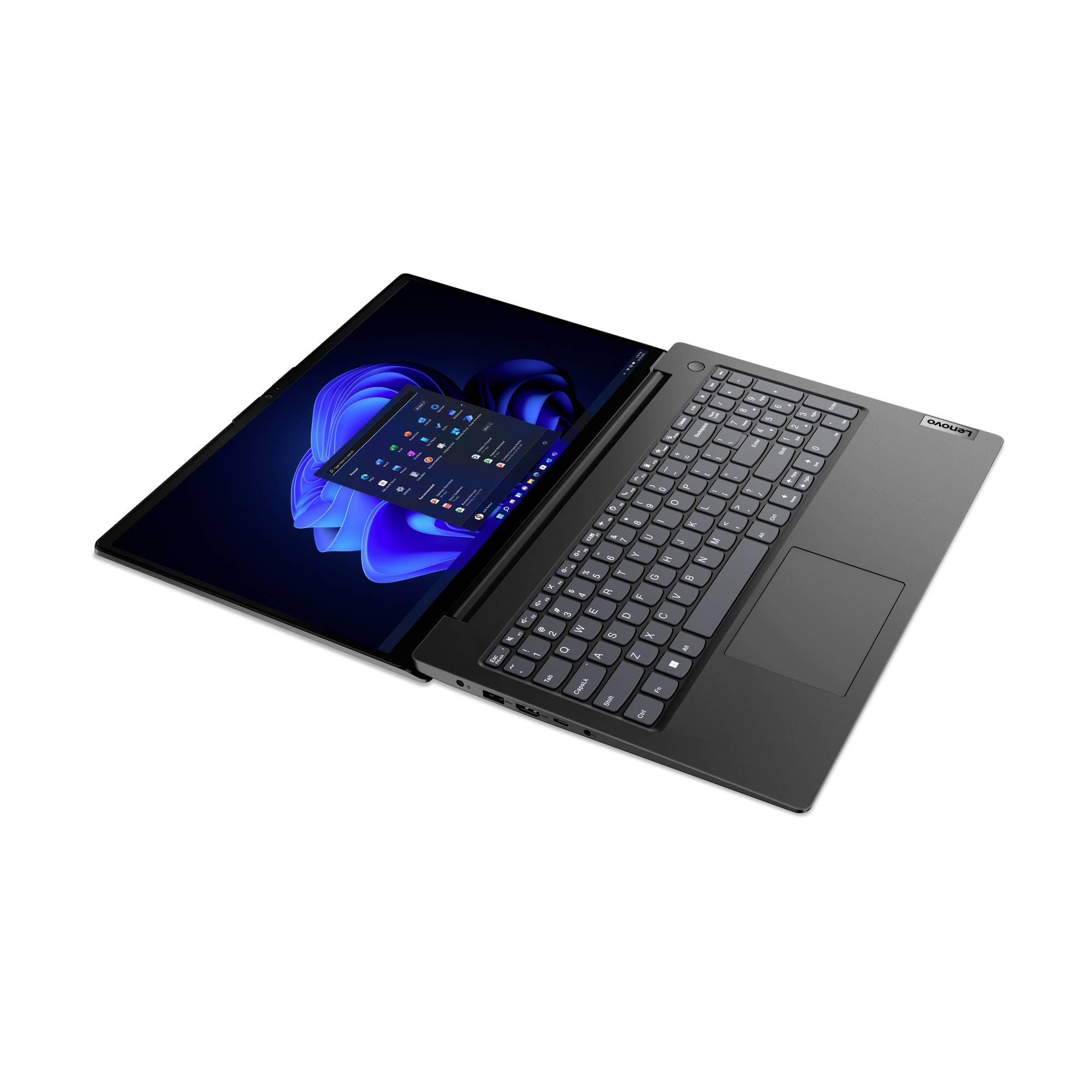 Laptop mit 2-in-1-Funktion und abnehmbarem oder klappbarem Bildschirm, der einen Windows-Desktop zeigt, mit rechts angebrachter Tastatur.