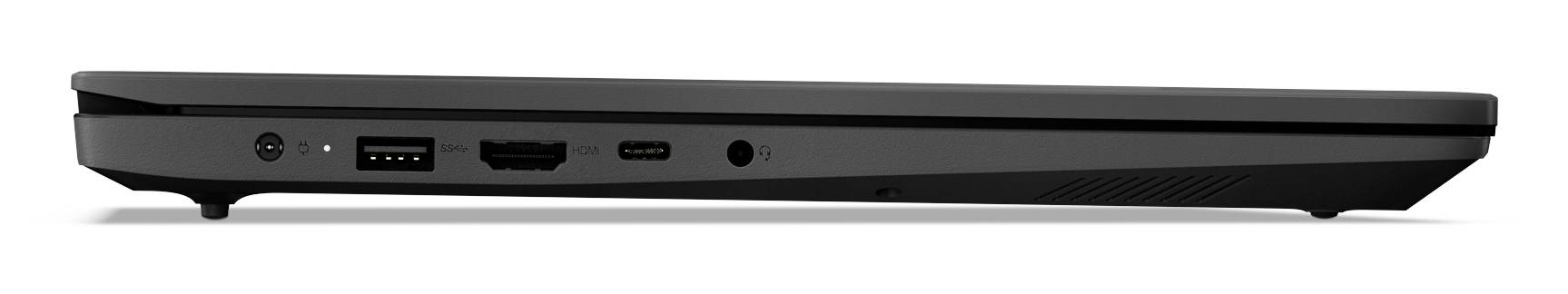 Seitenansicht eines schlanken schwarzen Laptops oder Tablets im geschlossenen Zustand, das sein dünnes Profil und die Anschlüsse an der linken Kante zeigt.