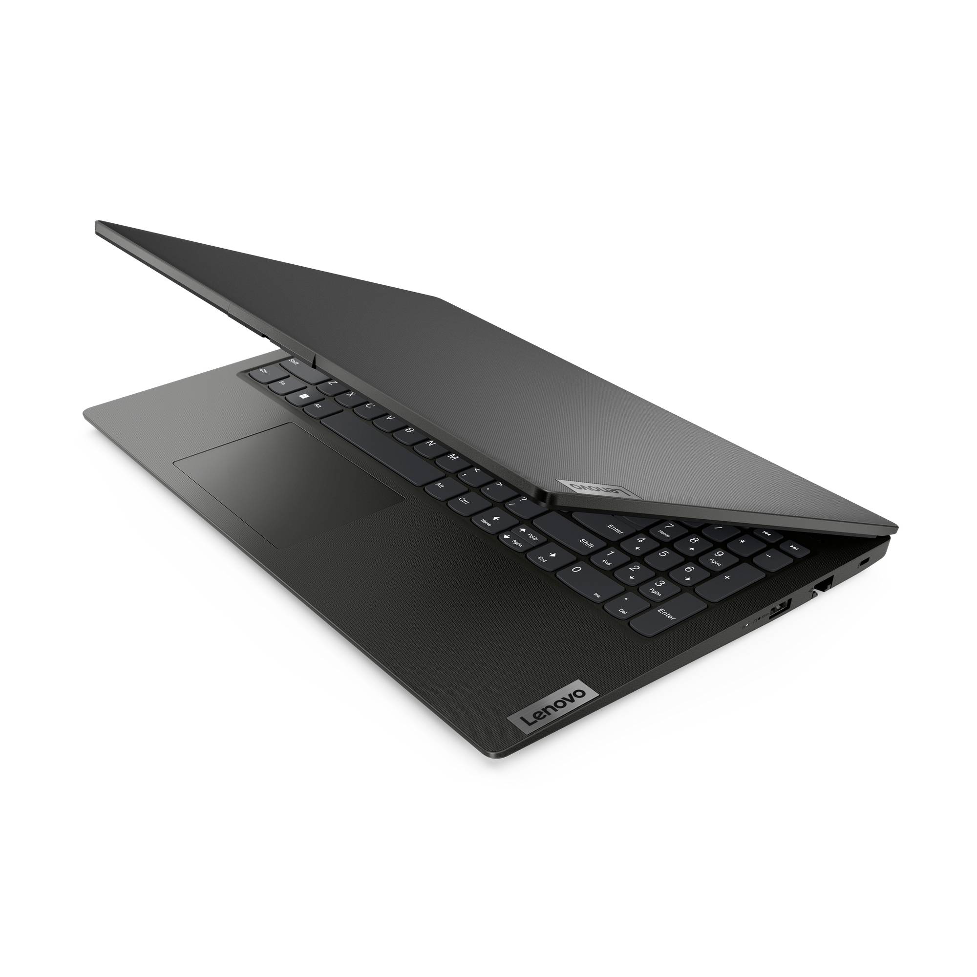 Schwarzer Lenovo-Laptop teilweise offen auf weißem Hintergrund, zeigt die Tastatur und das Trackpad.