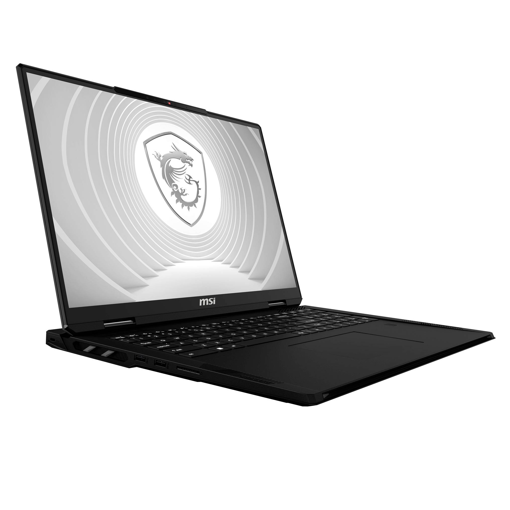 Schwarzer MSI-Laptop, in einem Winkel geöffnet gezeigt, mit einem Drachenschild-Logo auf dem Bildschirm.