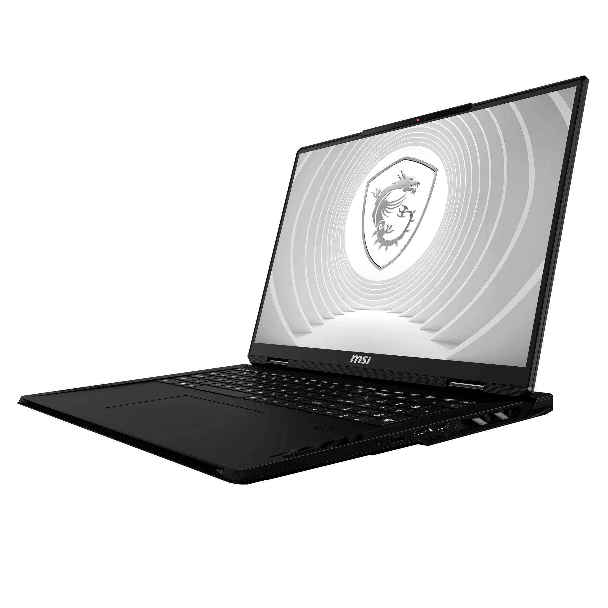 Schwarzer MSI Gaming-Laptop, aufgeklappt in einem Winkel gezeigt, mit einem Drachenschild-Logo auf dem Bildschirm vor weißem Hintergrund.