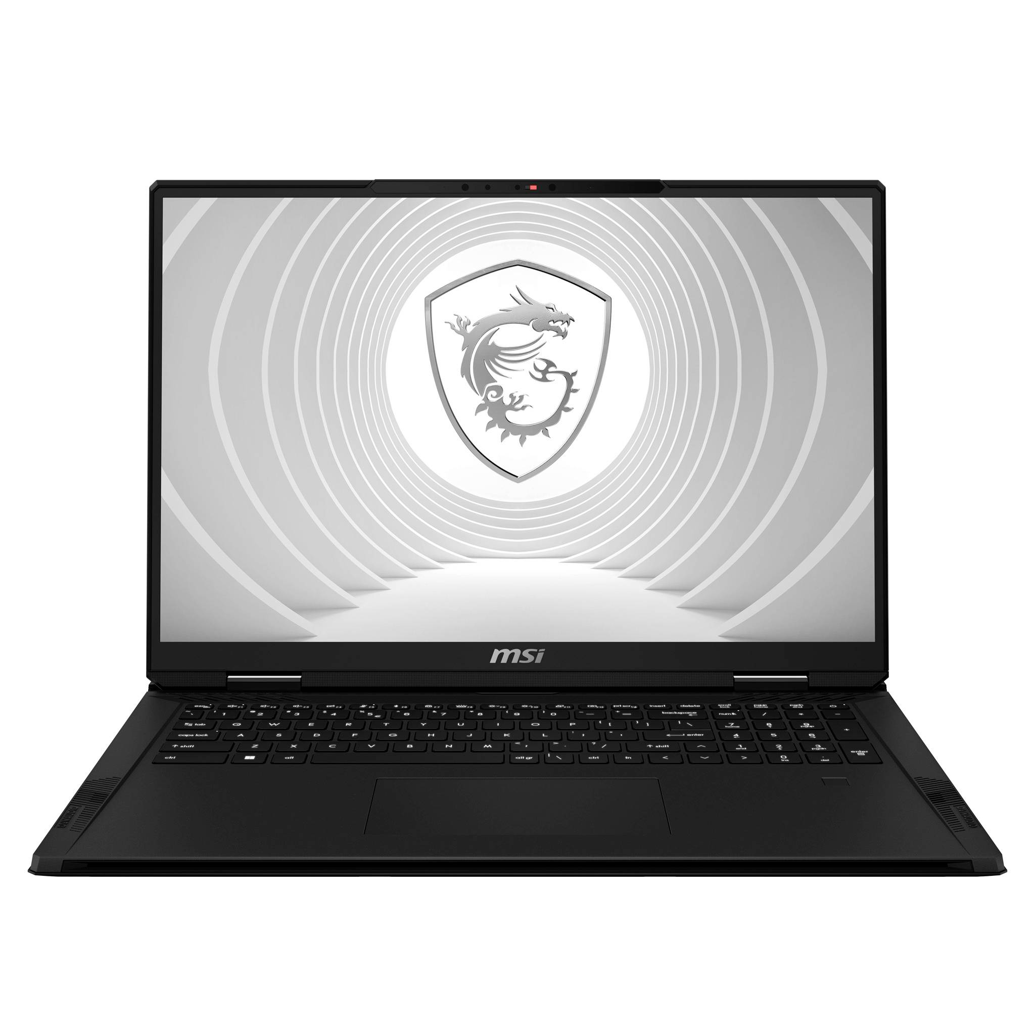 Schwarzer MSI-Laptop auf weißem Hintergrund, der das MSI-Drachenschild-Logo auf dem Bildschirm zeigt.
