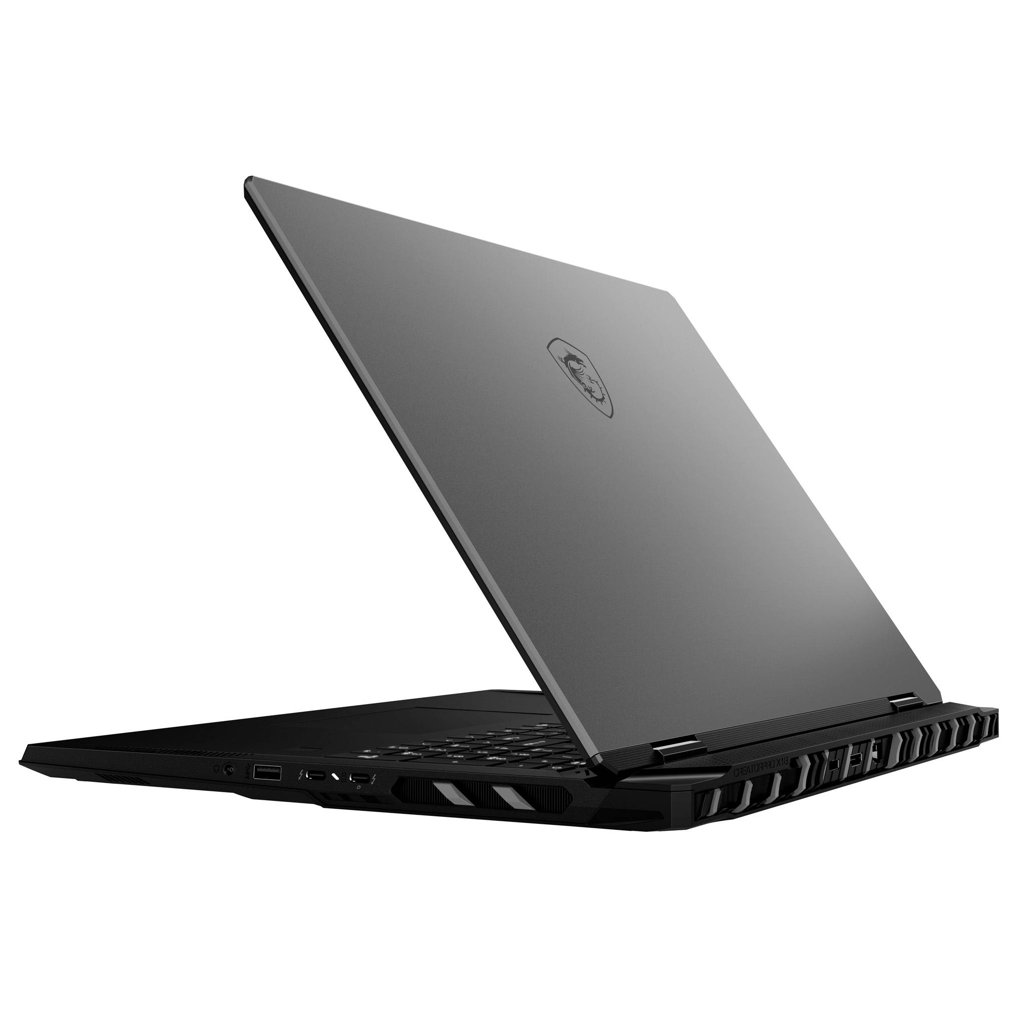 Offener schwarzer Laptop, teilweise geschlossen in schrägem Winkel, mit grauem Deckel und sichtbarer Tastatur sowie Lüftungsschlitzen auf weißem Hintergrund.