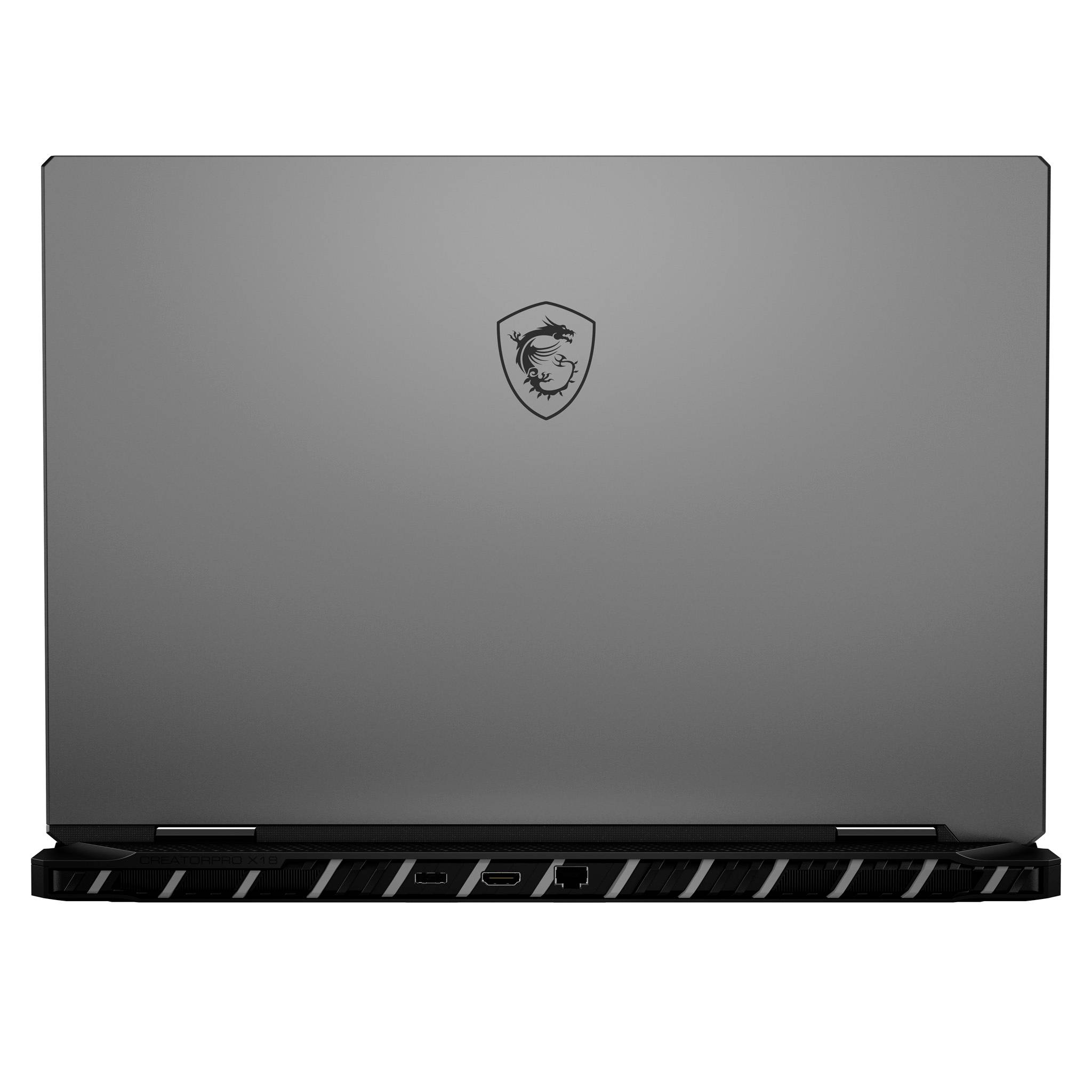 Geschlossener grauer MSI-Laptop von hinten gezeigt, zentriert mit dem MSI-Drachen-Logo und eckiger schwarzer belüfteter Basis.