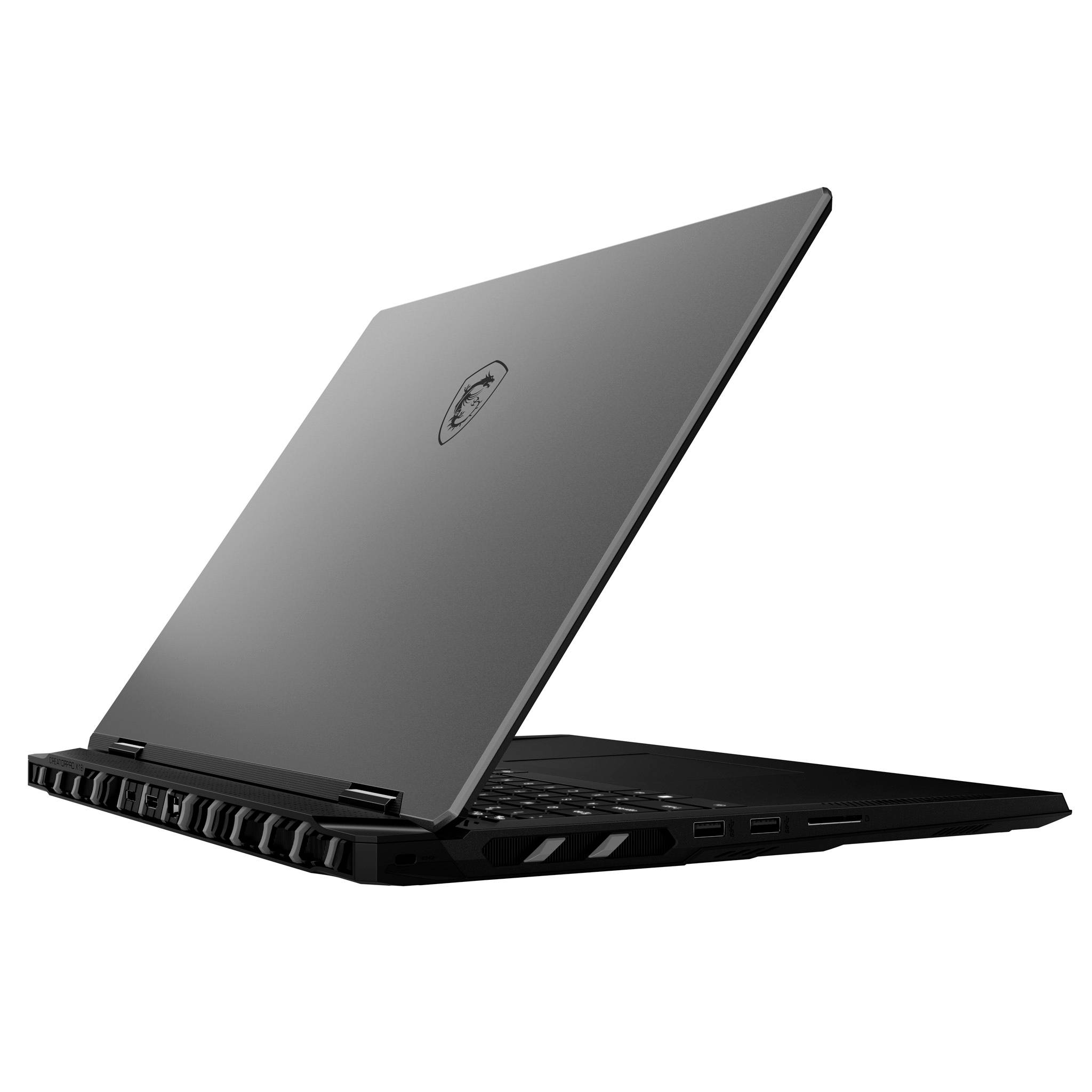 Schwarzer Laptop, teilweise geöffnet, auf weißem Hintergrund gezeigt, aus der hinteren linken Perspektive betrachtet.