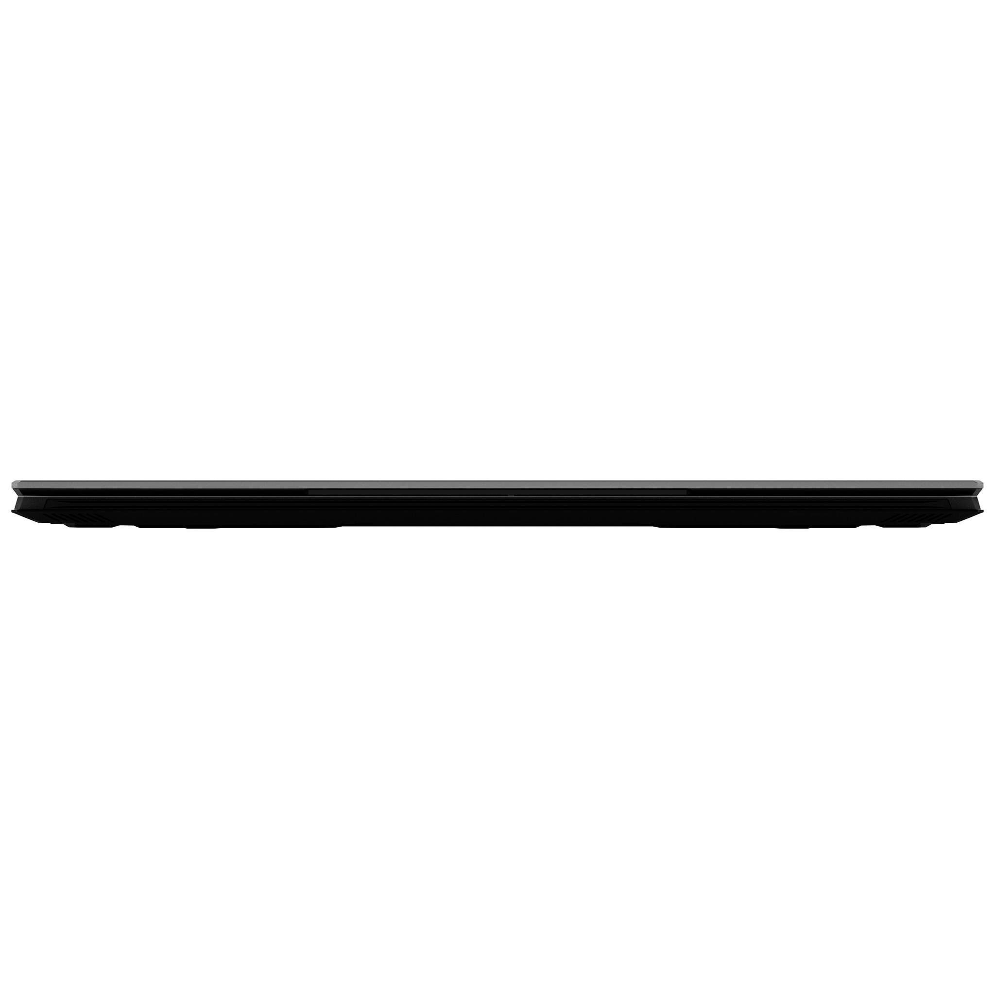 Seitenansicht eines dünnen schwarzen Laptops oder Tablets, das flach gegen einen weißen Hintergrund geschlossen ist.