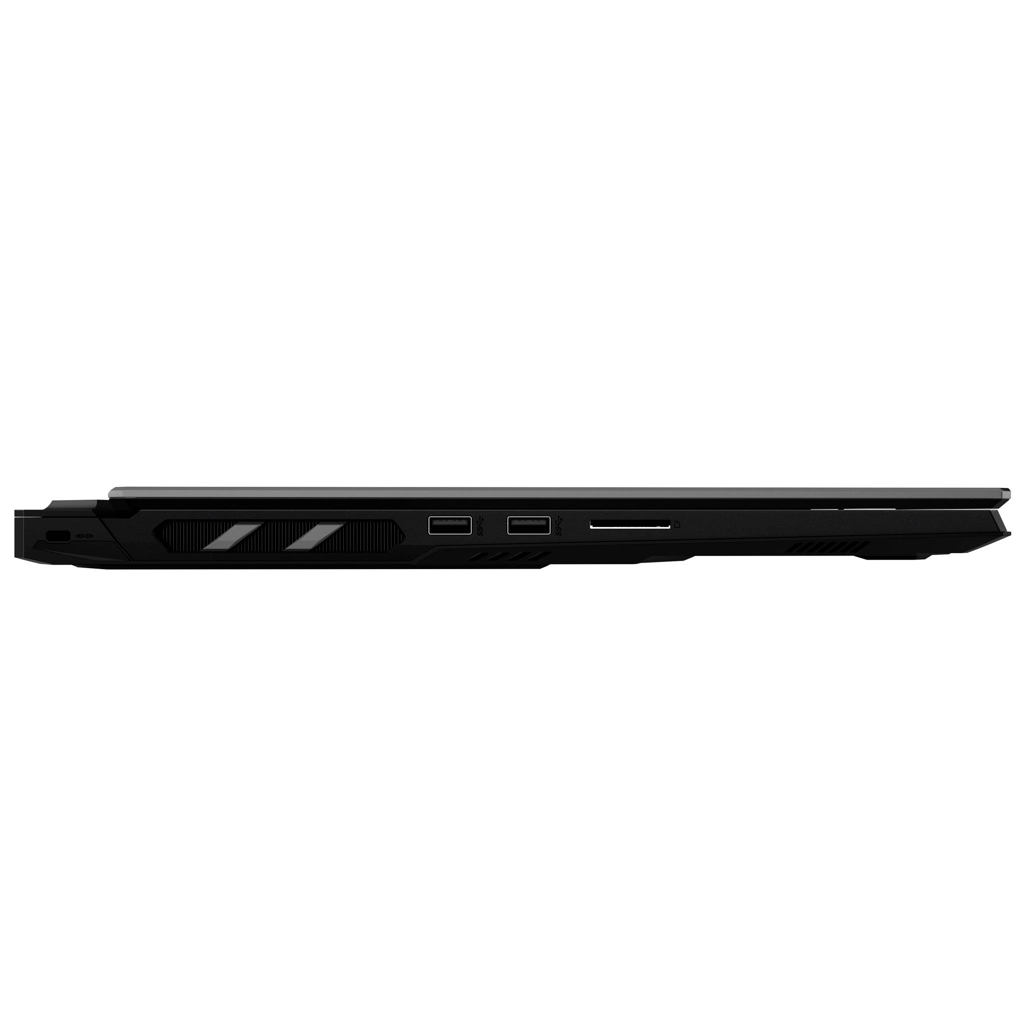Seitenansicht eines schwarzen Laptops mit schlankem Profil, Lüftungsöffnungen und mehreren Anschlüssen auf der linken Seite.
