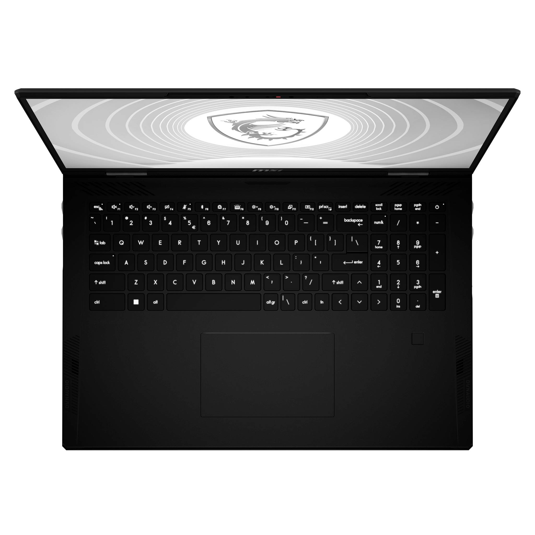Offenes schwarzes Laptop von oben betrachtet, das Tastatur, großes Trackpad und beleuchteten Bildschirm mit Schild-Logo zeigt.