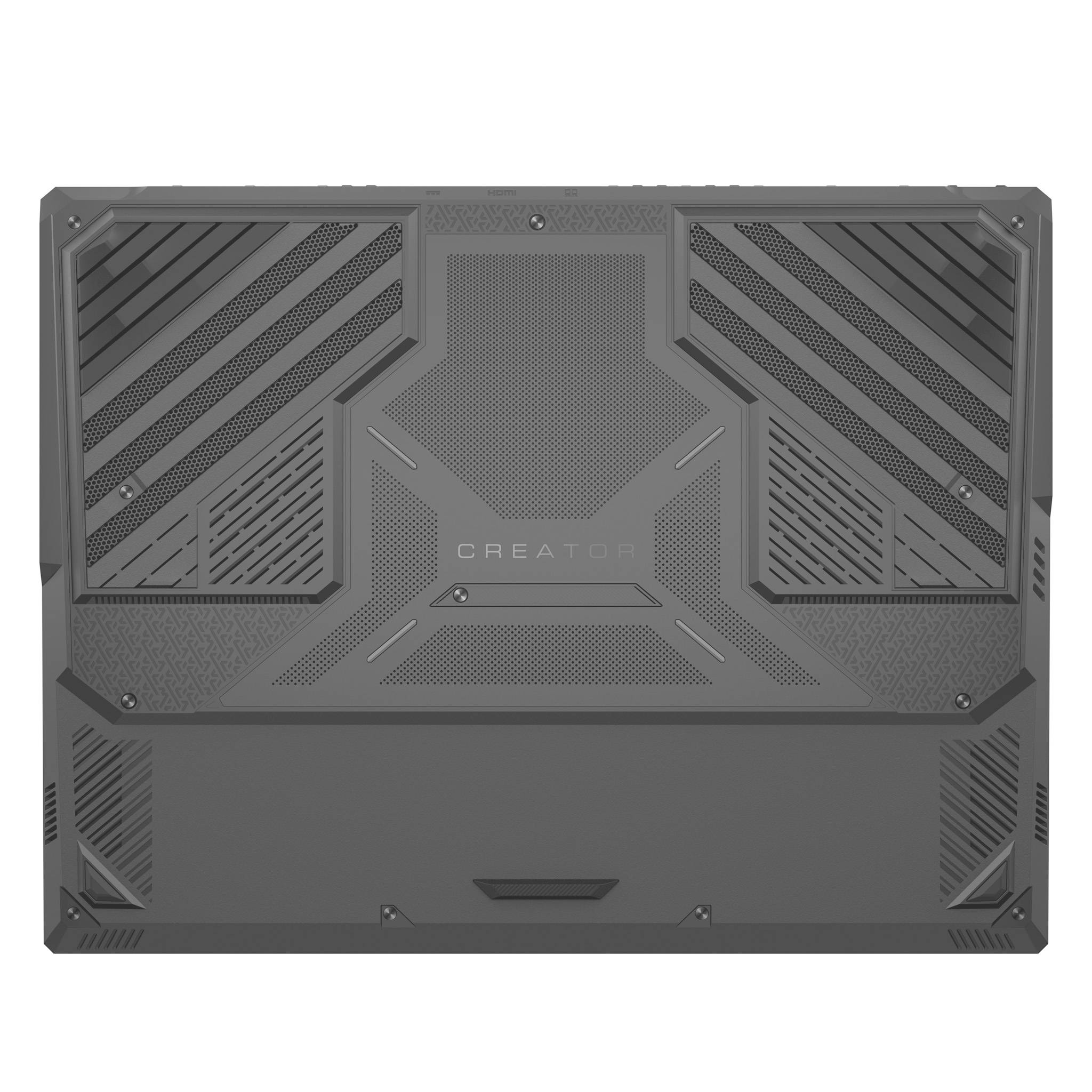 Rückansicht eines grauen CREATOR-Laptops mit kantigen Lüftungspanelen und einem zentralen Logo auf weißem Hintergrund.