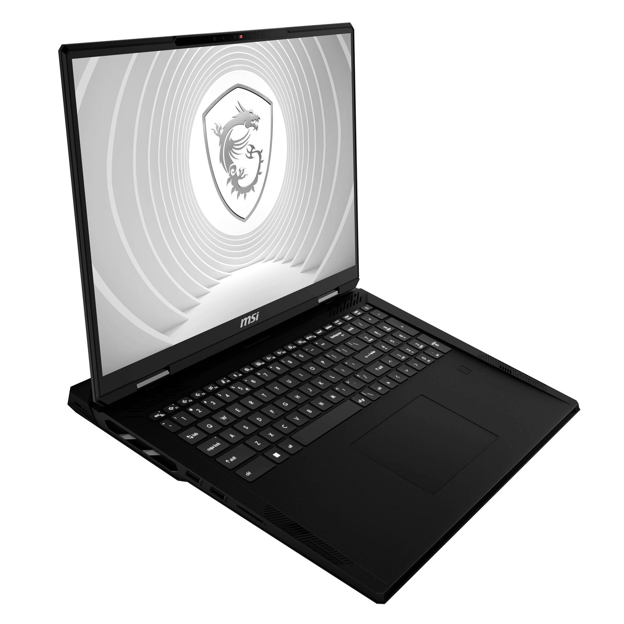 Schwarzer MSI-Laptop, der in einem Winkel geöffnet gezeigt wird, mit einem Drachenschild-Logo auf dem Bildschirm und sichtbarer Tastatur sowie Touchpad.
