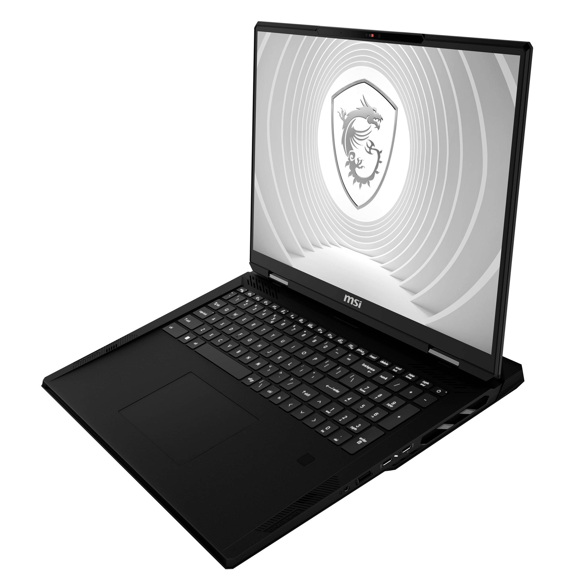 Offener schwarzer MSI-Laptop im Winkel geöffnet, zeigt Tastatur und Bildschirm mit Drachen-Logo auf grauem Spiralhintergrund.