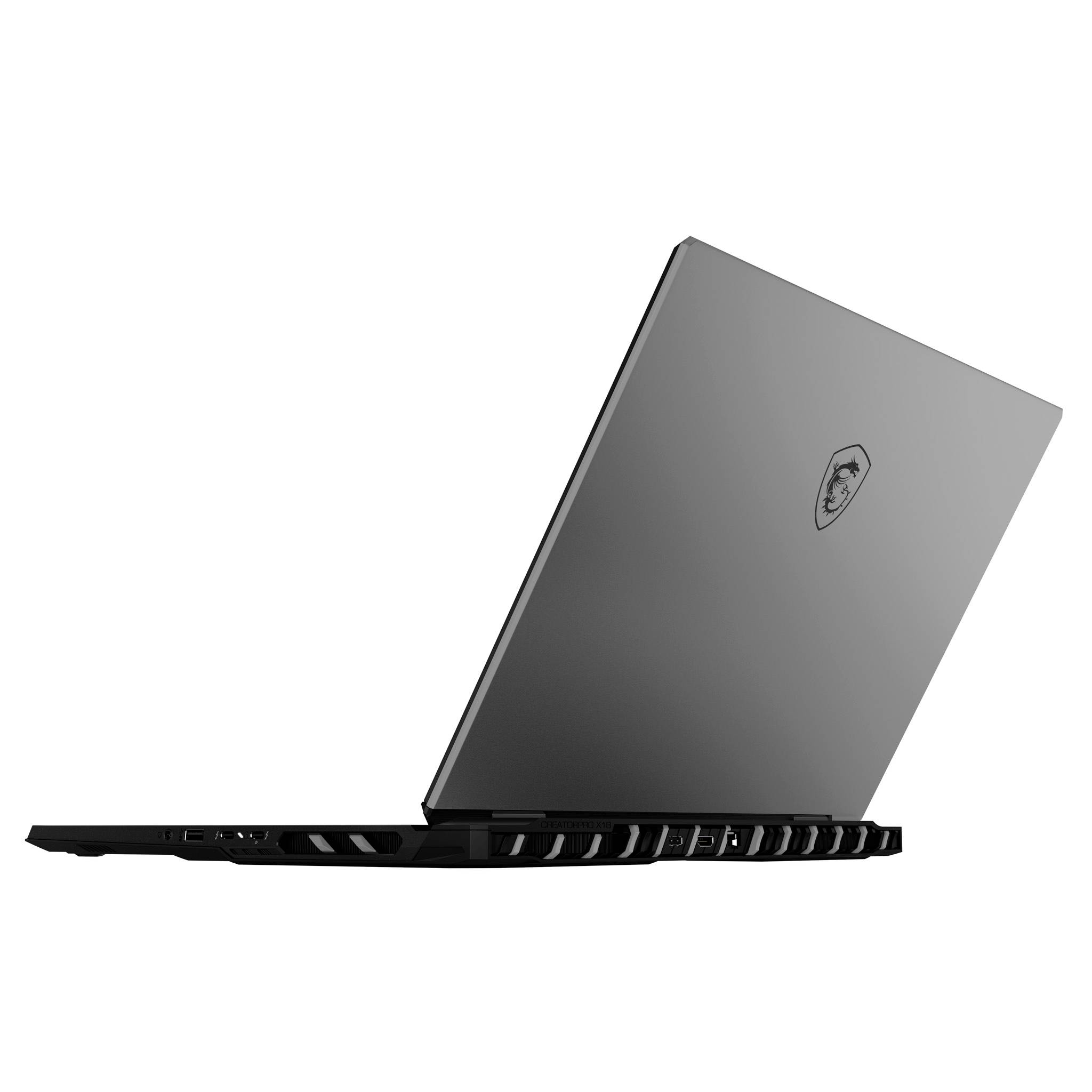 Seitenansicht eines grauen MSI-Laptops, der in einem Winkel auf weißem Hintergrund geöffnet ist.