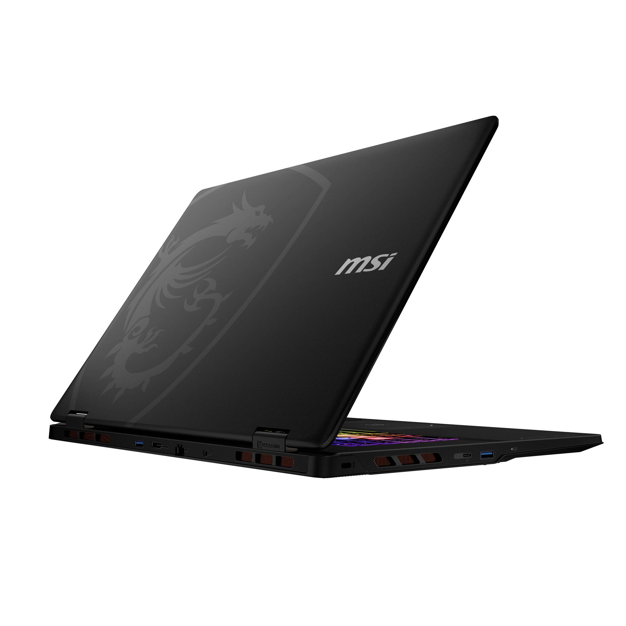 Schwarzer MSI Gaming-Laptop, teilweise geöffnet, mit Drachen-Logo auf dem Deckel und farbig beleuchteter Tastatur sichtbar.