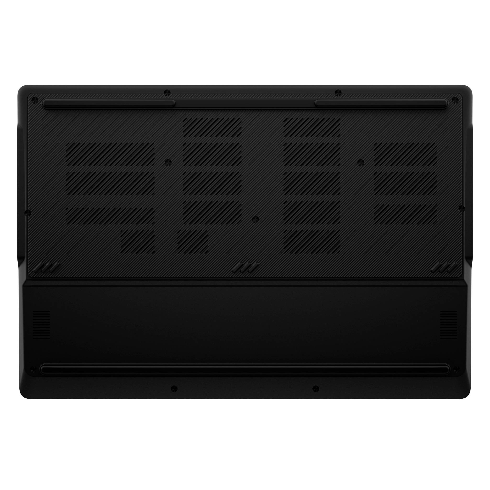 Unteransicht eines schwarzen Laptops mit Belüftungsgittern und Gummifüßen auf einfachem weißem Hintergrund.