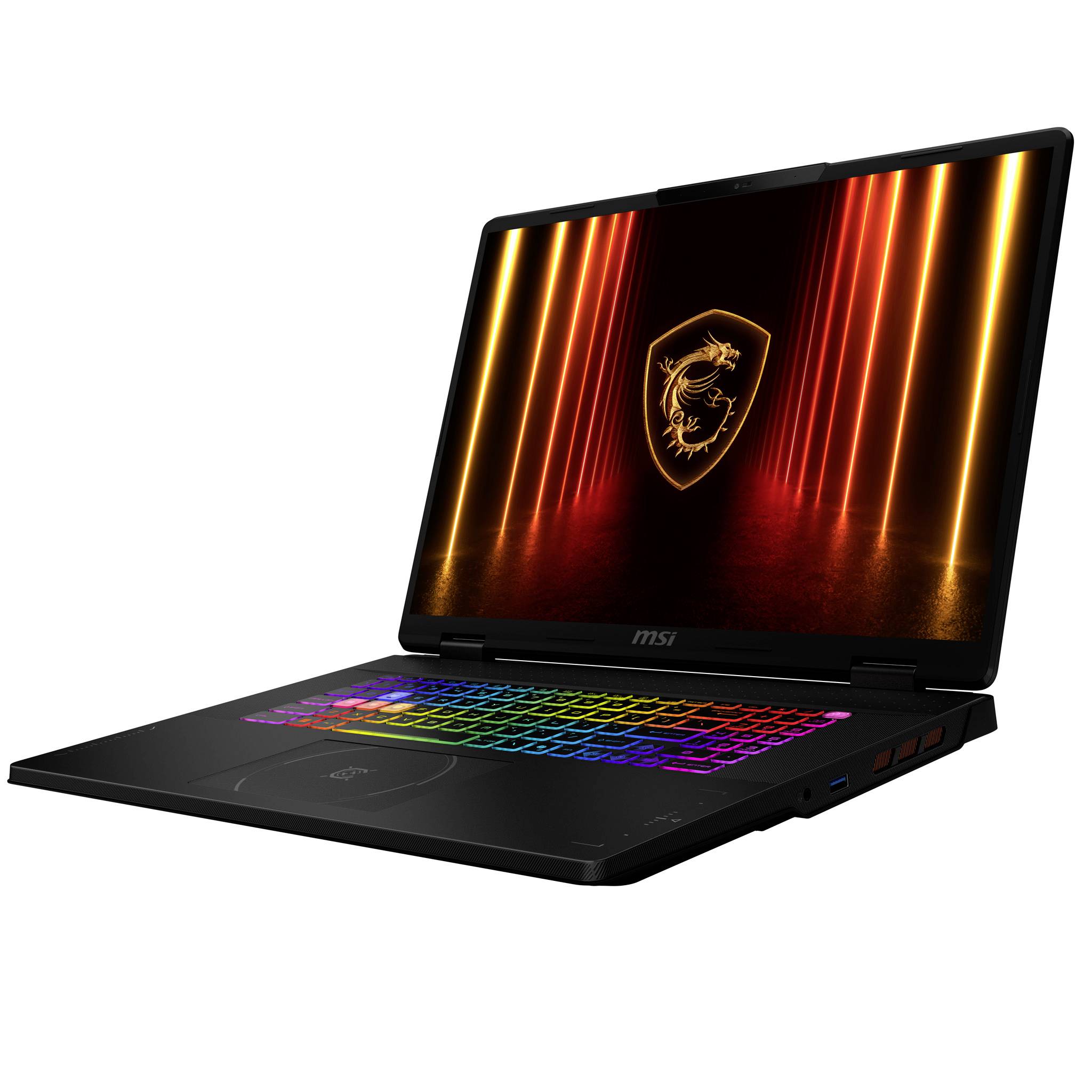 Offenes MSI Gaming-Laptop mit regenbogenfarbig beleuchteter Tastatur und Drachen-Logo auf dem Bildschirm, vor weißem Hintergrund gezeigt.
