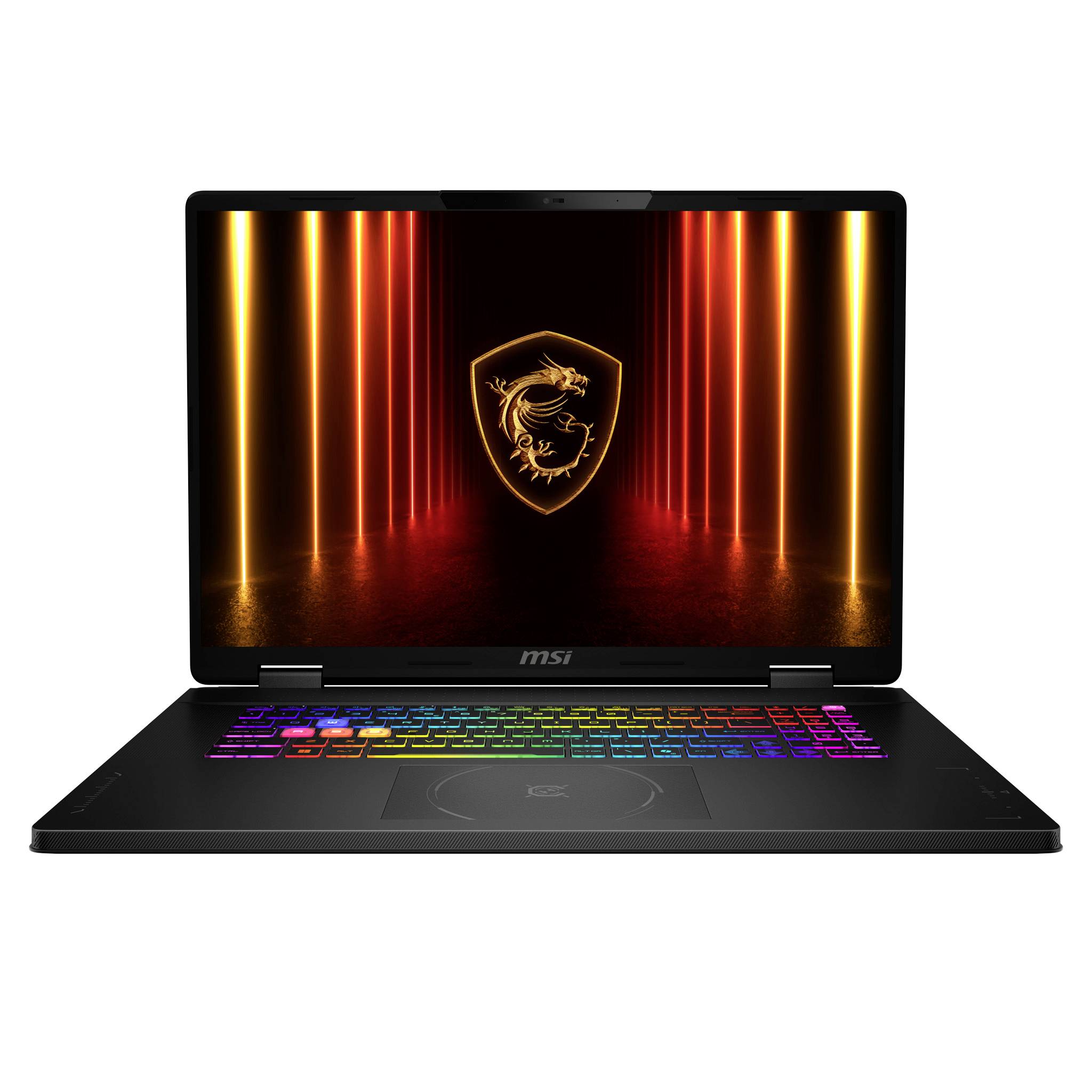 Schwarzer MSI Gaming-Laptop offen, zeigt ein Drachenschild-Logo auf dem Bildschirm und eine regenbogenfarbig beleuchtete Tastatur.