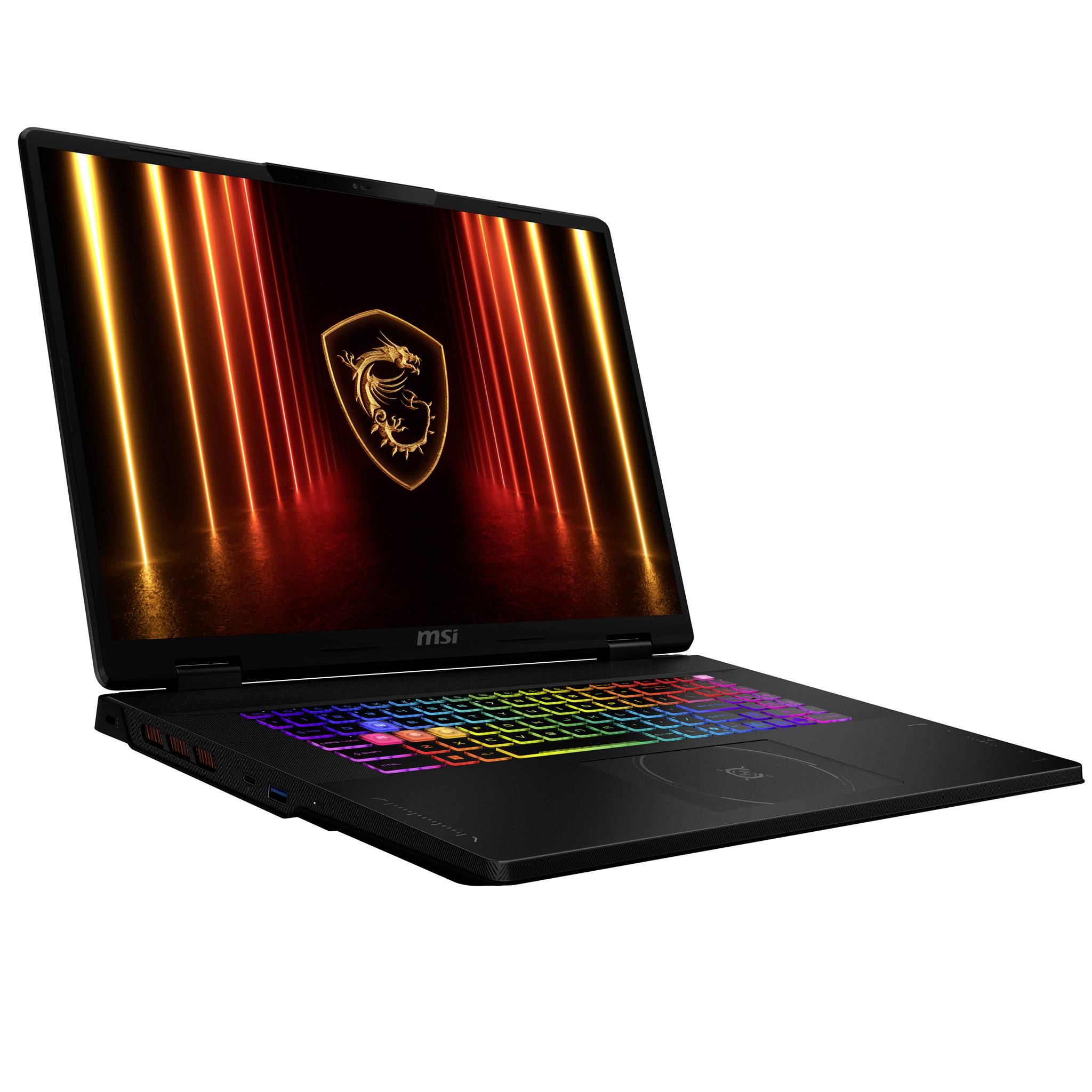 Schwarzer MSI Gaming-Laptop in einem Winkel aufgeklappt, zeigt eine leuchtende Regenbogentastatur und ein Drachen-Logo auf dem Bildschirm.