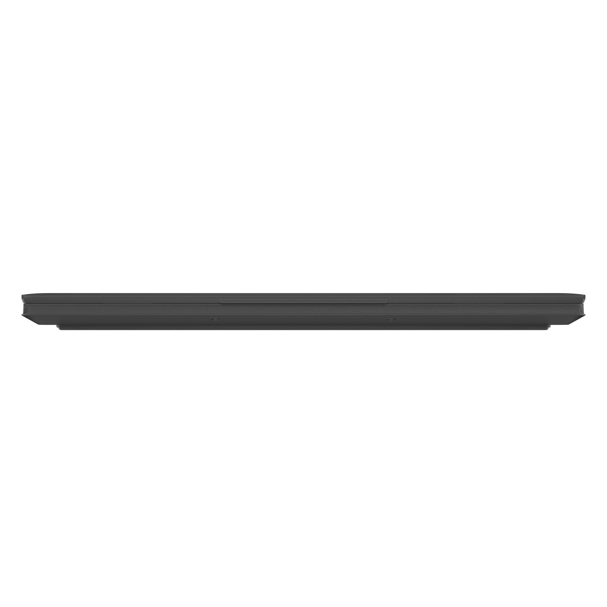 Ein schlanker schwarzer horizontaler Soundbar oder Lautsprecher auf weißem Hintergrund.