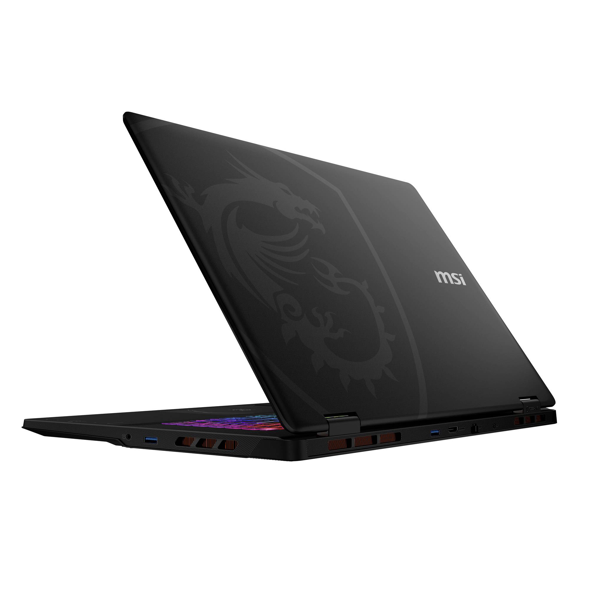 Ein schwarzer MSI-Laptop, der in einem Winkel geöffnet dargestellt ist, mit einem Deckel im Drachenmuster und sichtbarer beleuchteter Tastatur.
