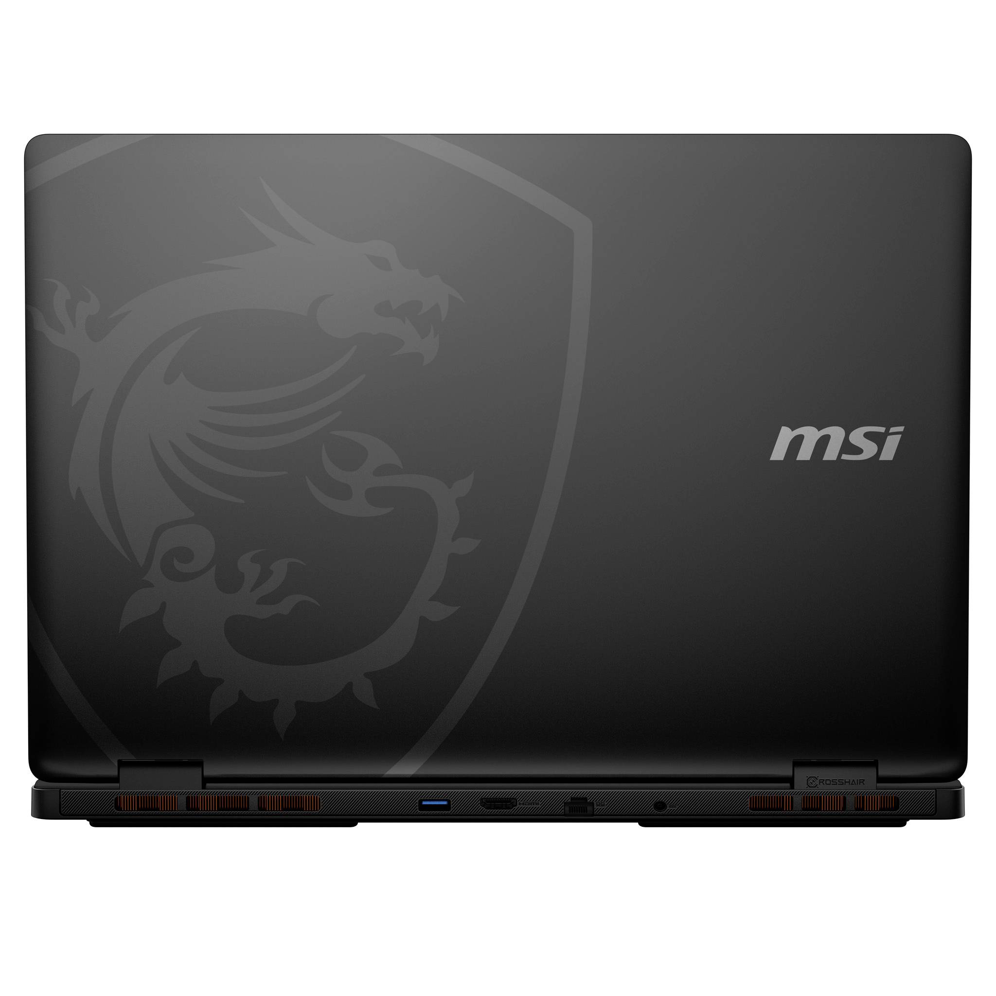 Geschlossener schwarzer MSI-Laptop mit großem Drachenschild-Logo auf der linken Seite und MSI-Wortmarke auf der rechten Seite.