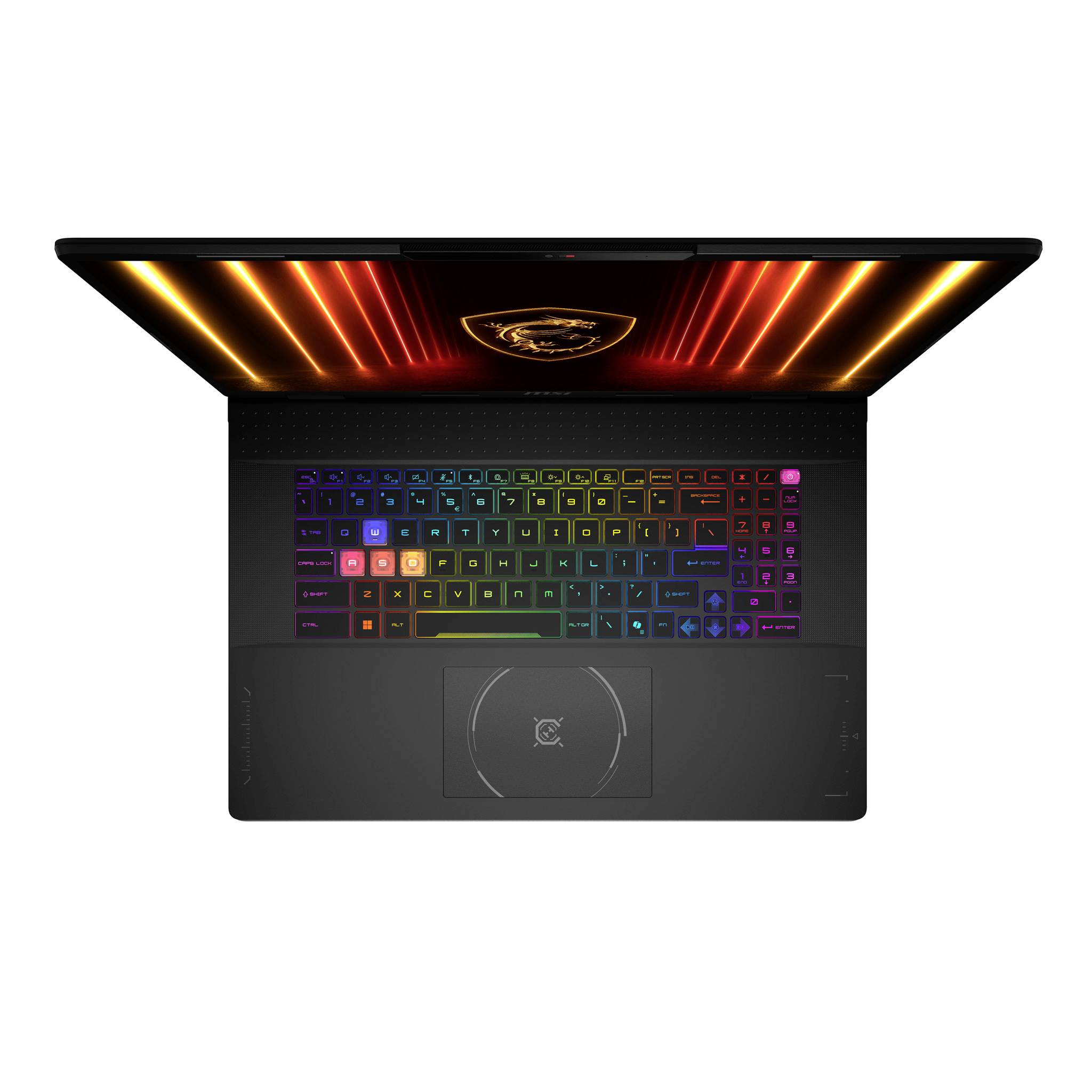 Offener Gaming-Laptop mit regenbogenfarbig beleuchteter Tastatur und leuchtenden rot-orangefarbigen Lichtakzenten auf der Displayeinfassung.
