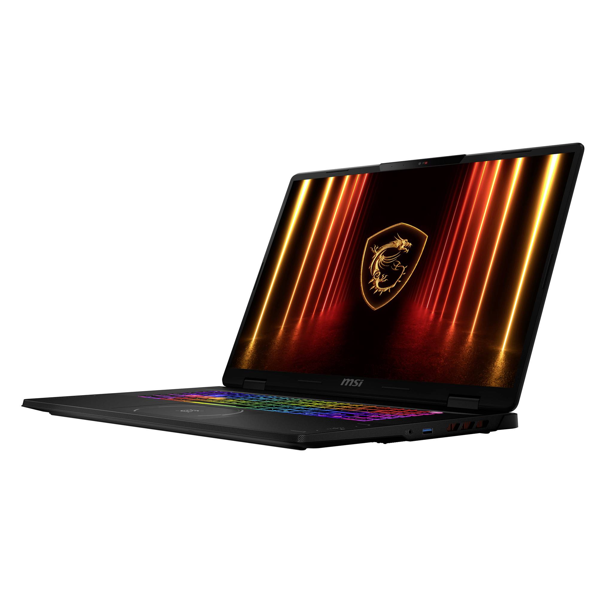 Schwarzer MSI Gaming-Laptop in geöffneter Position in schräger Ansicht, mit beleuchtetem Regenbogen-Tastaturlayout und Drachen-Logo auf dem Bildschirm vor weißem Hintergrund