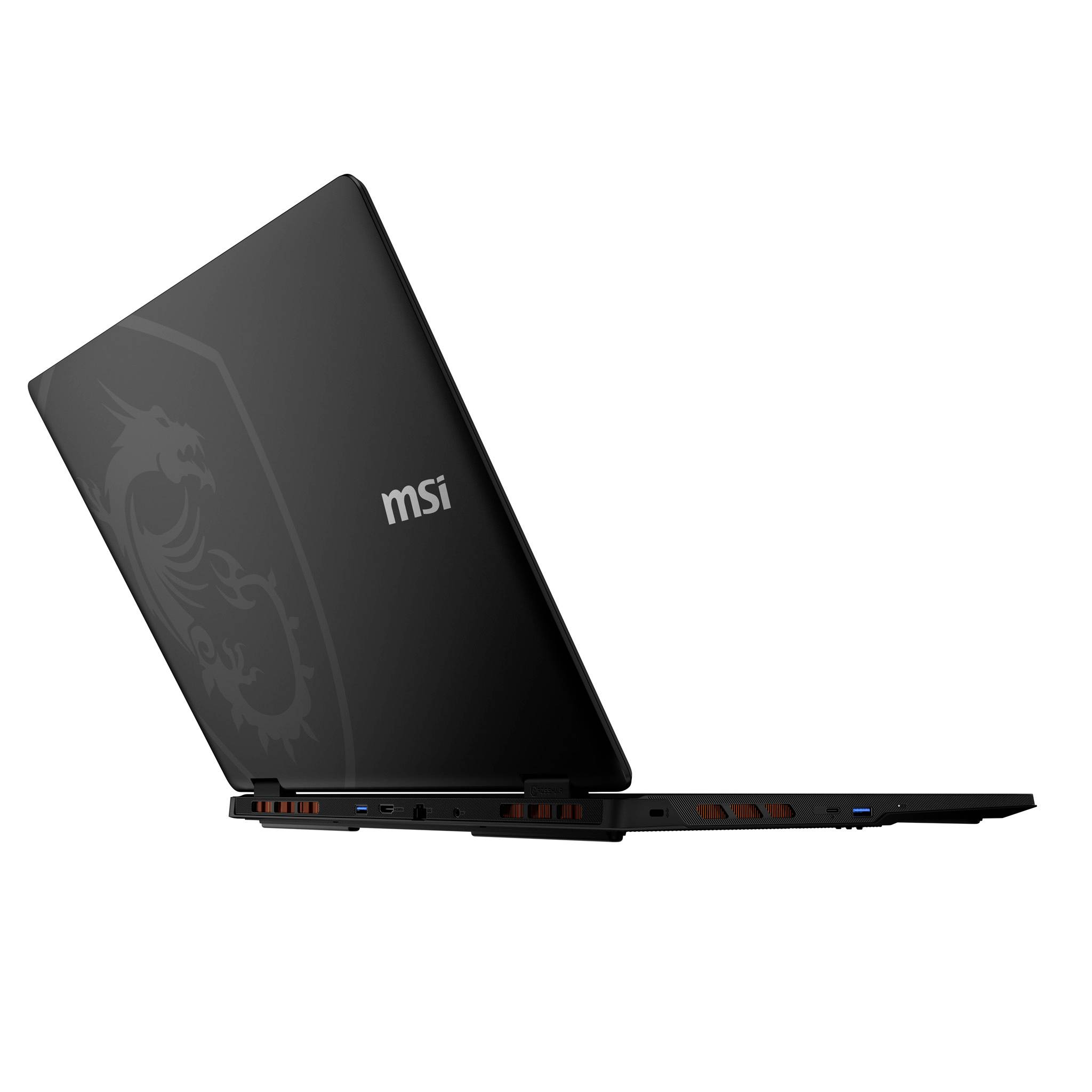 MSI-Laptop teilweise geschlossen in Seitenansicht gezeigt, schwarz mit Drachen-Grafik und sichtbaren Seitanschlüssen auf weißem Hintergrund.