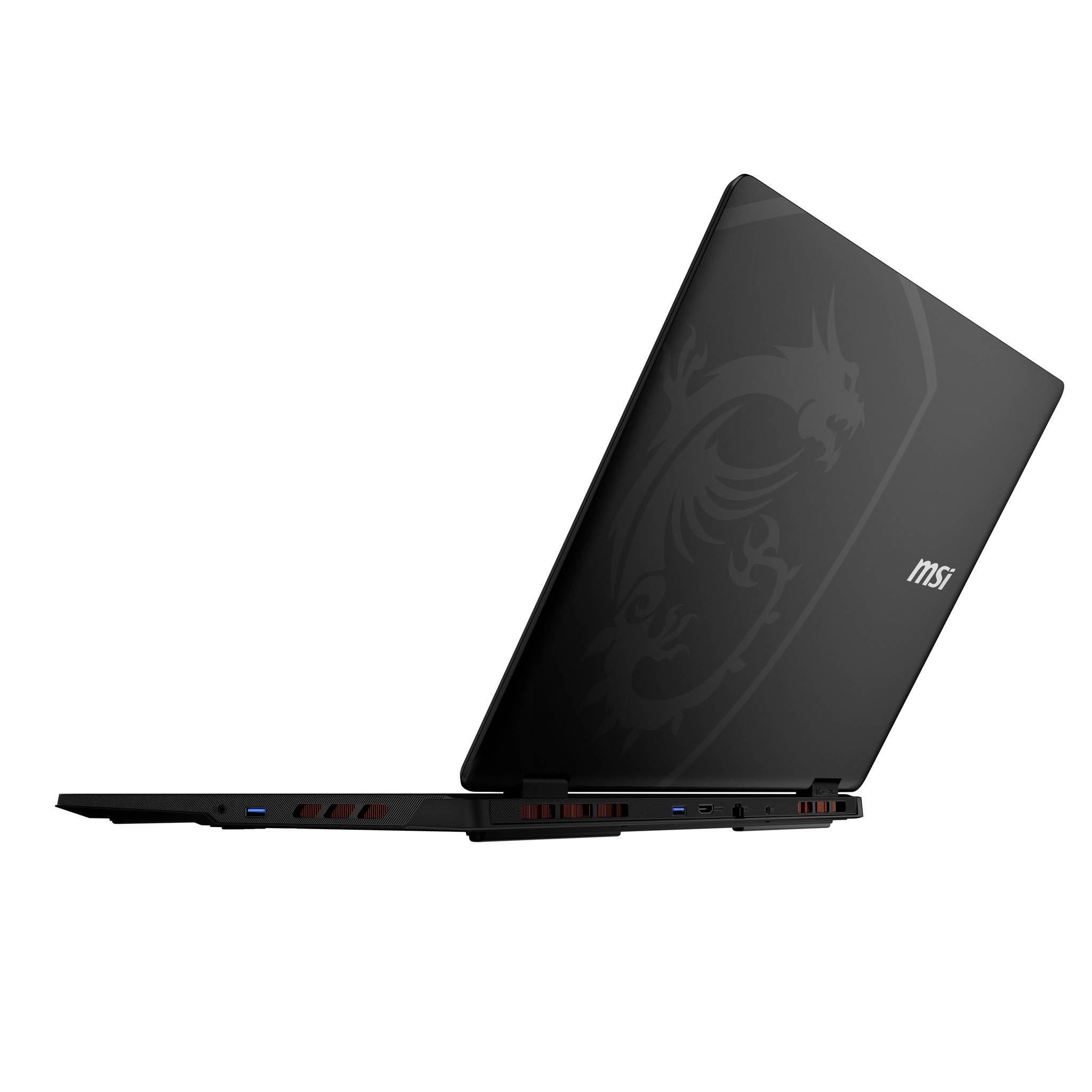 Schwarzer MSI-Laptop in geschlossener Seitenansicht gezeigt, mit Drachenlogo auf dem Deckel und sichtbaren Seitenports.
