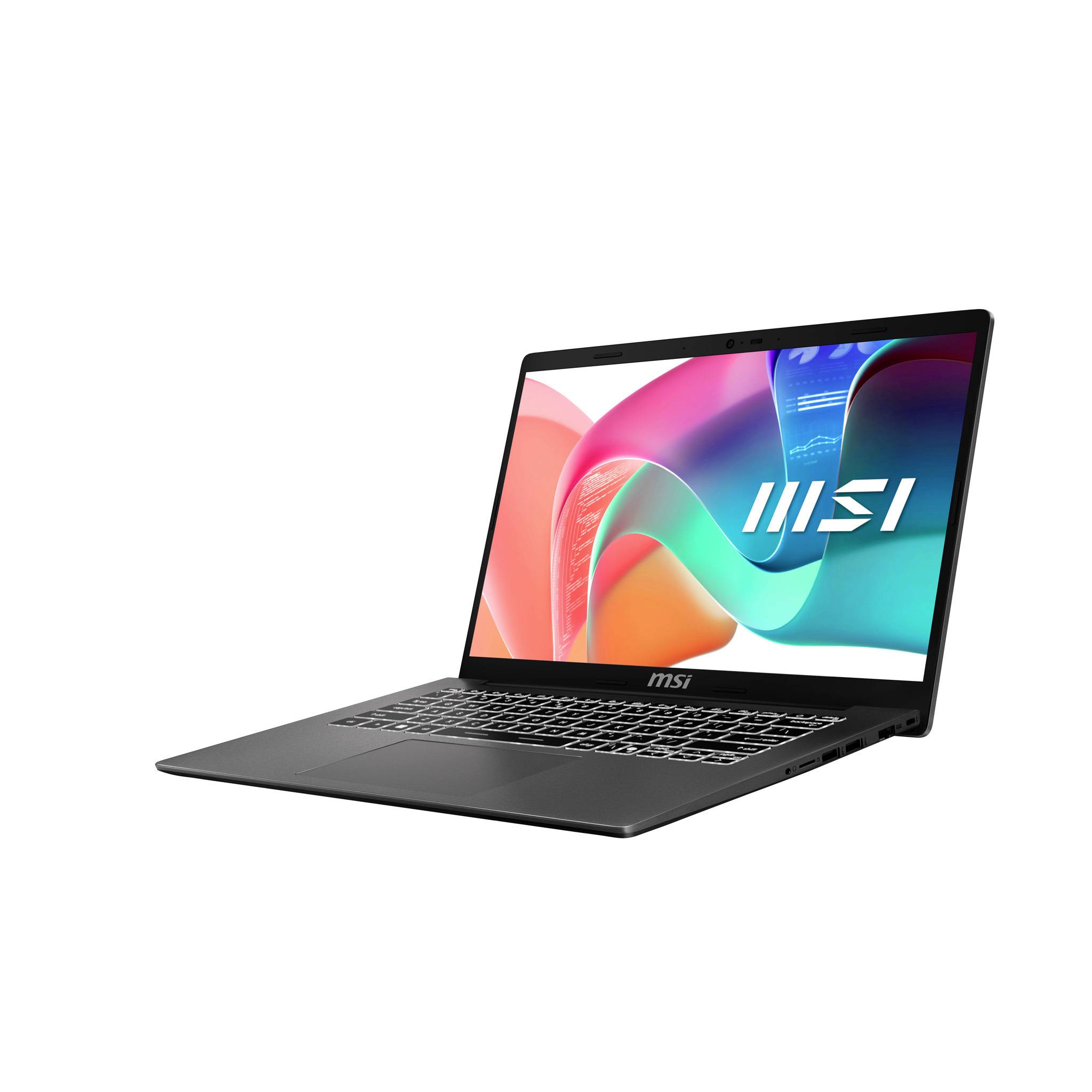 MSI-Laptop, offen auf weißem Hintergrund dargestellt, zeigt einen farbenfrohen abstrakten Bildschirm an.