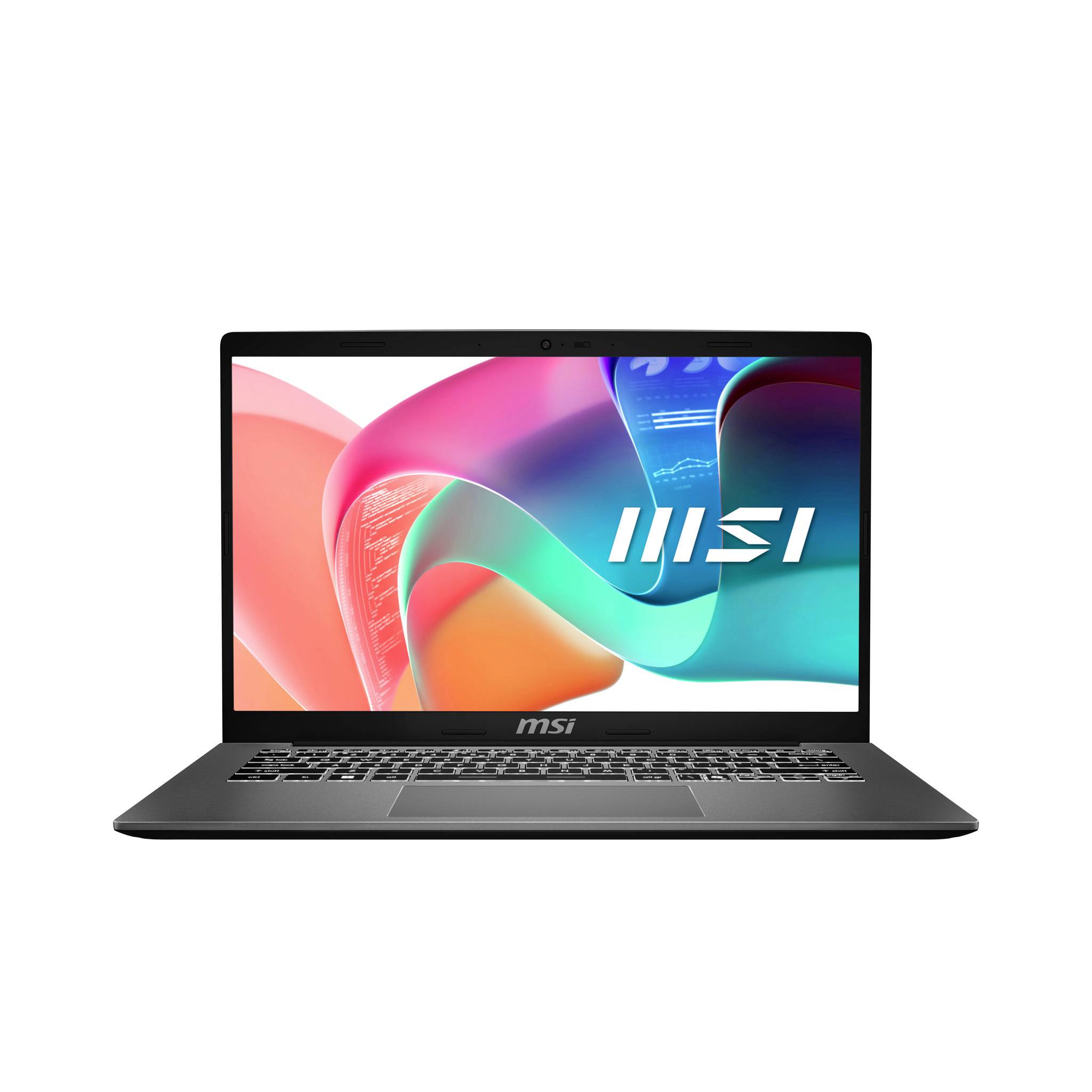 MSI-Laptop, aufgeklappt auf weißem Hintergrund, zeigt auf dem Bildschirm eine farbenfrohe abstrakte Tapete mit dem MSI-Logo.