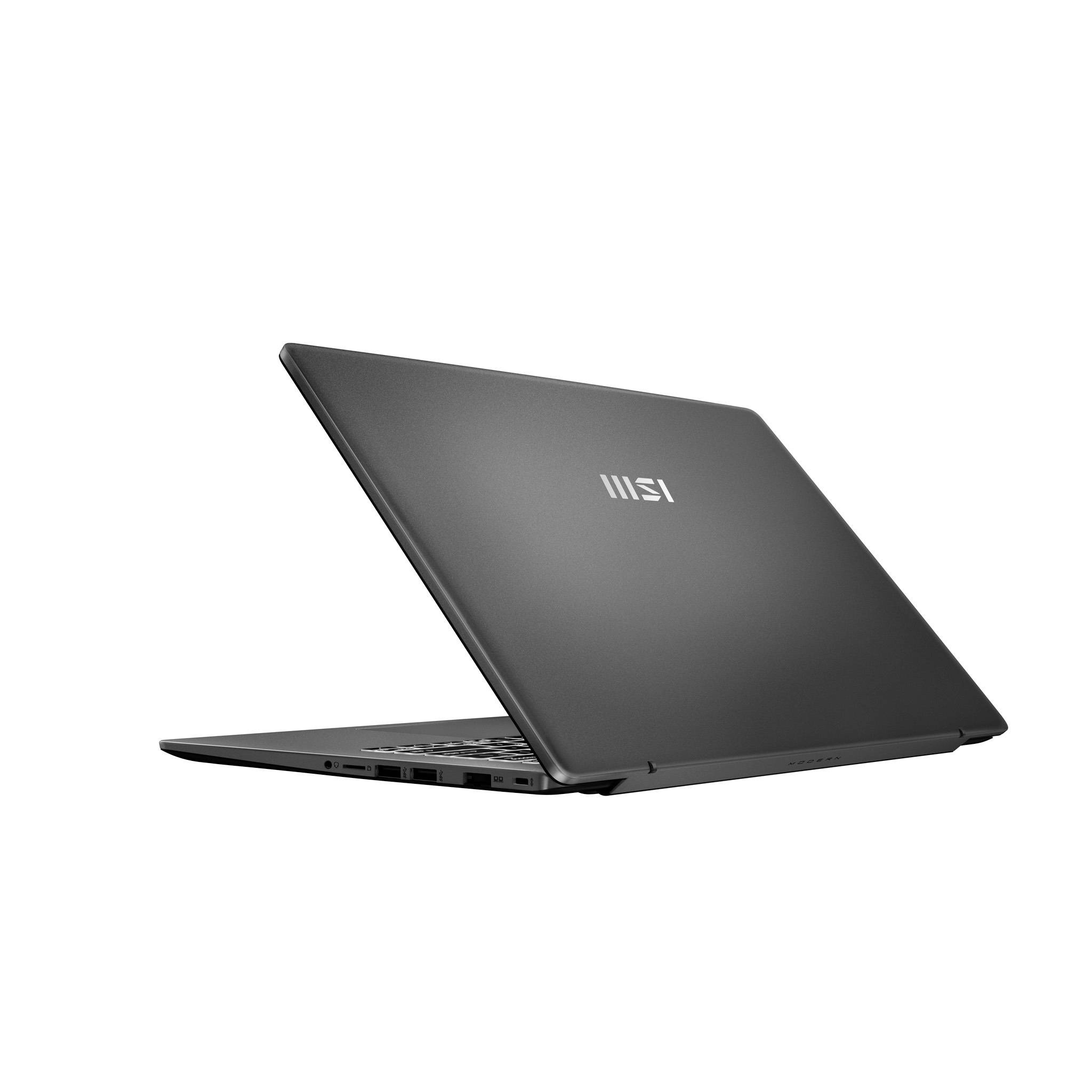 Geschlossener dunkelgrauer MSI-Laptop in Seitenansicht auf weißem Hintergrund, mit teilweise geöffnetem Deckel und zentriertem Logo auf der Rückseite.