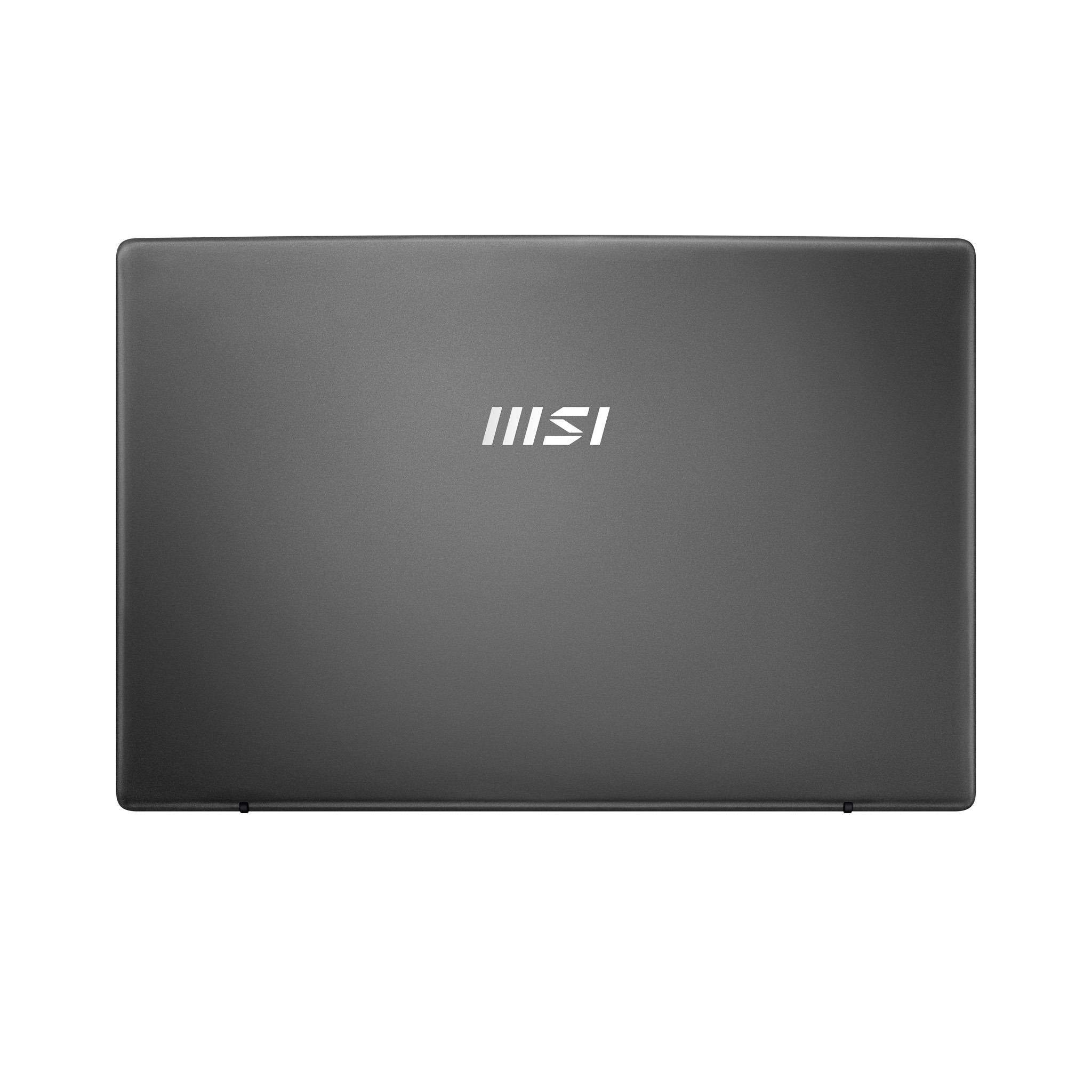 Geschlossener grauer MSI-Laptop von oben auf weißem Hintergrund betrachtet, mit dem MSI-Logo zentriert auf dem Deckel.