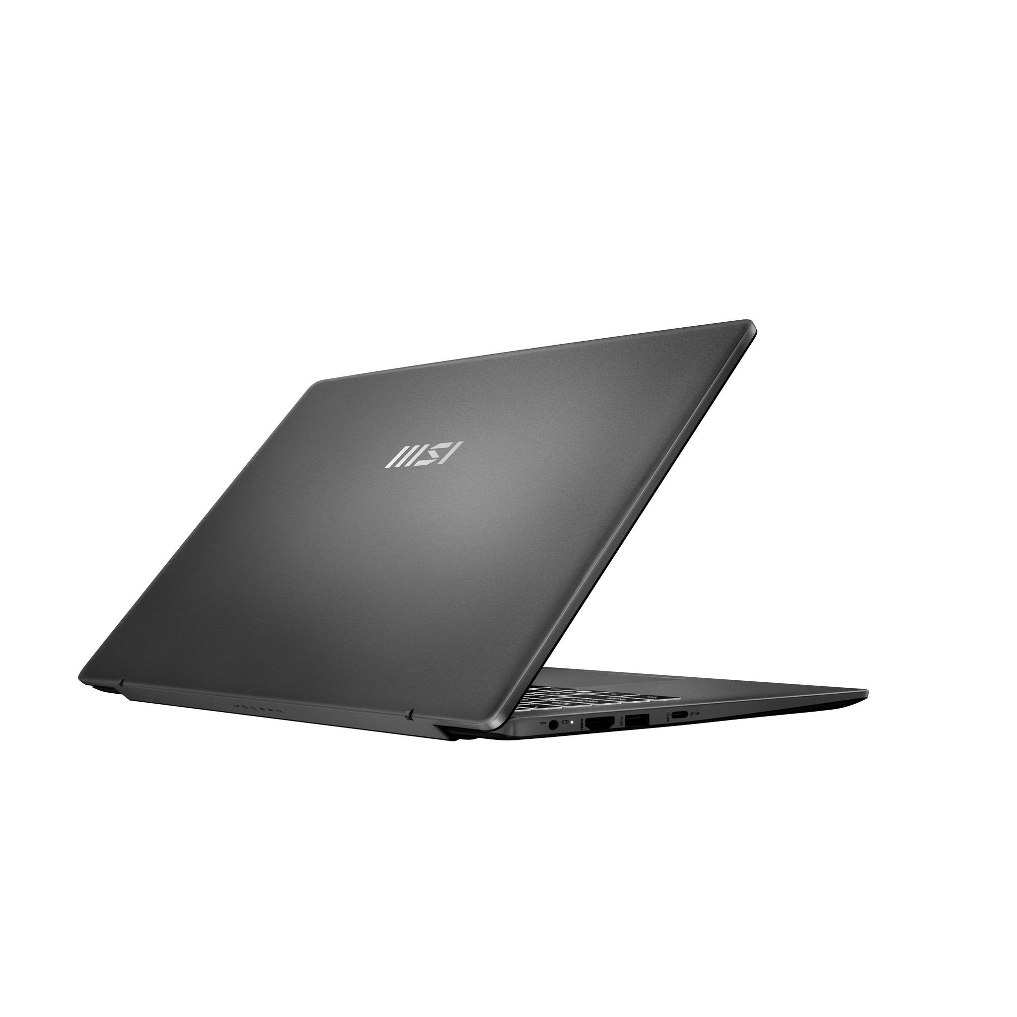Schwarzer MSI-Laptop, teilweise geöffnet auf weißem Hintergrund, mit dem Logo in der Mitte des Deckels und sichtbarer Tastatur.