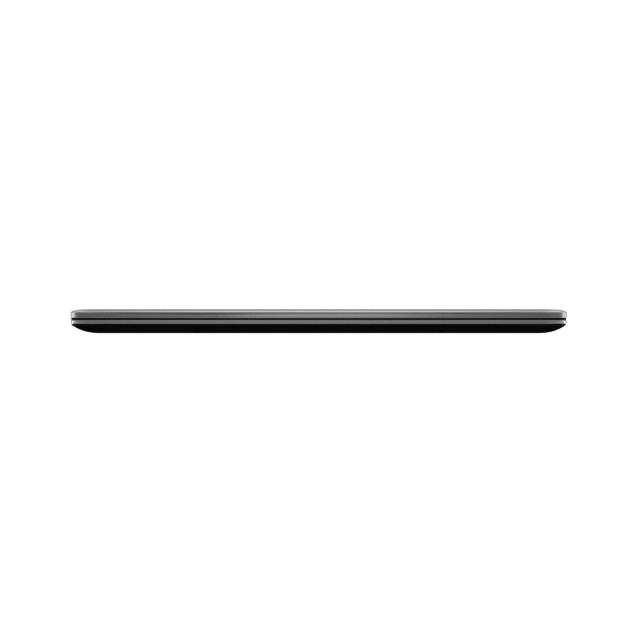 Seitenansicht eines schlanken schwarzen Smartphones, das flach auf weißem Hintergrund liegt.