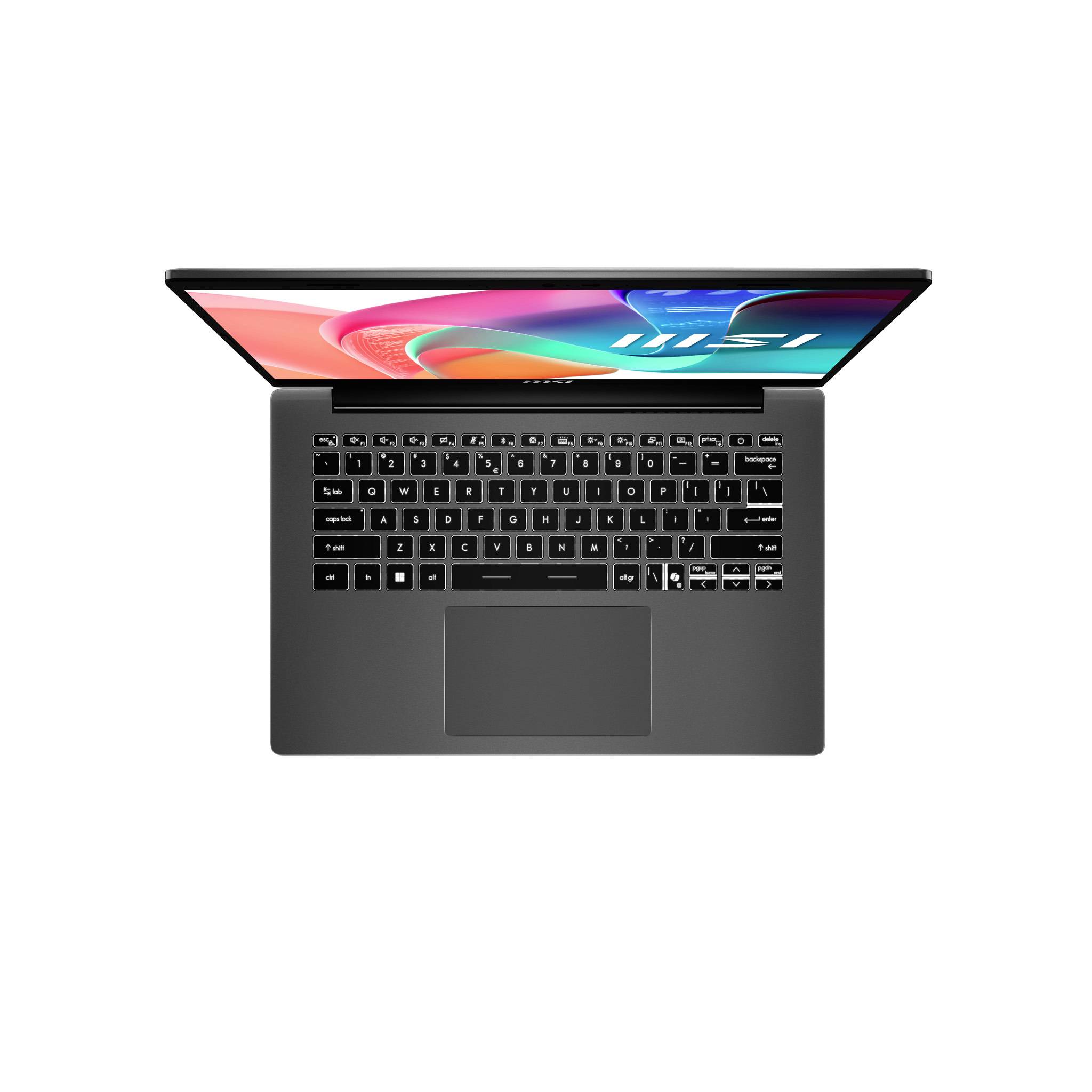 Laptop von oben gesehen mit buntem Bildschirm, schwarzer Tastatur und großem Touchpad auf weißem Hintergrund.