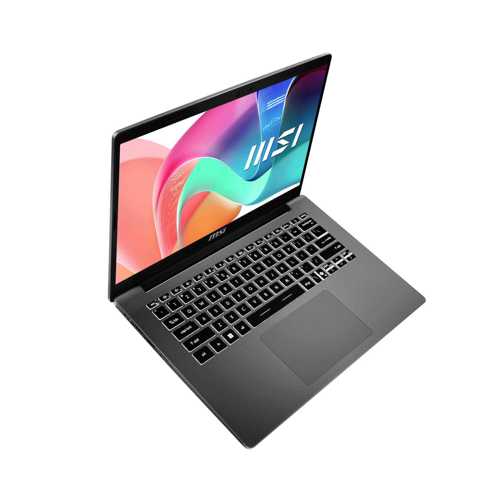 Grauer MSI-Laptop offen auf weißem Hintergrund, zeigt ein farbenfrohe abstrakte Tapete auf dem Bildschirm.