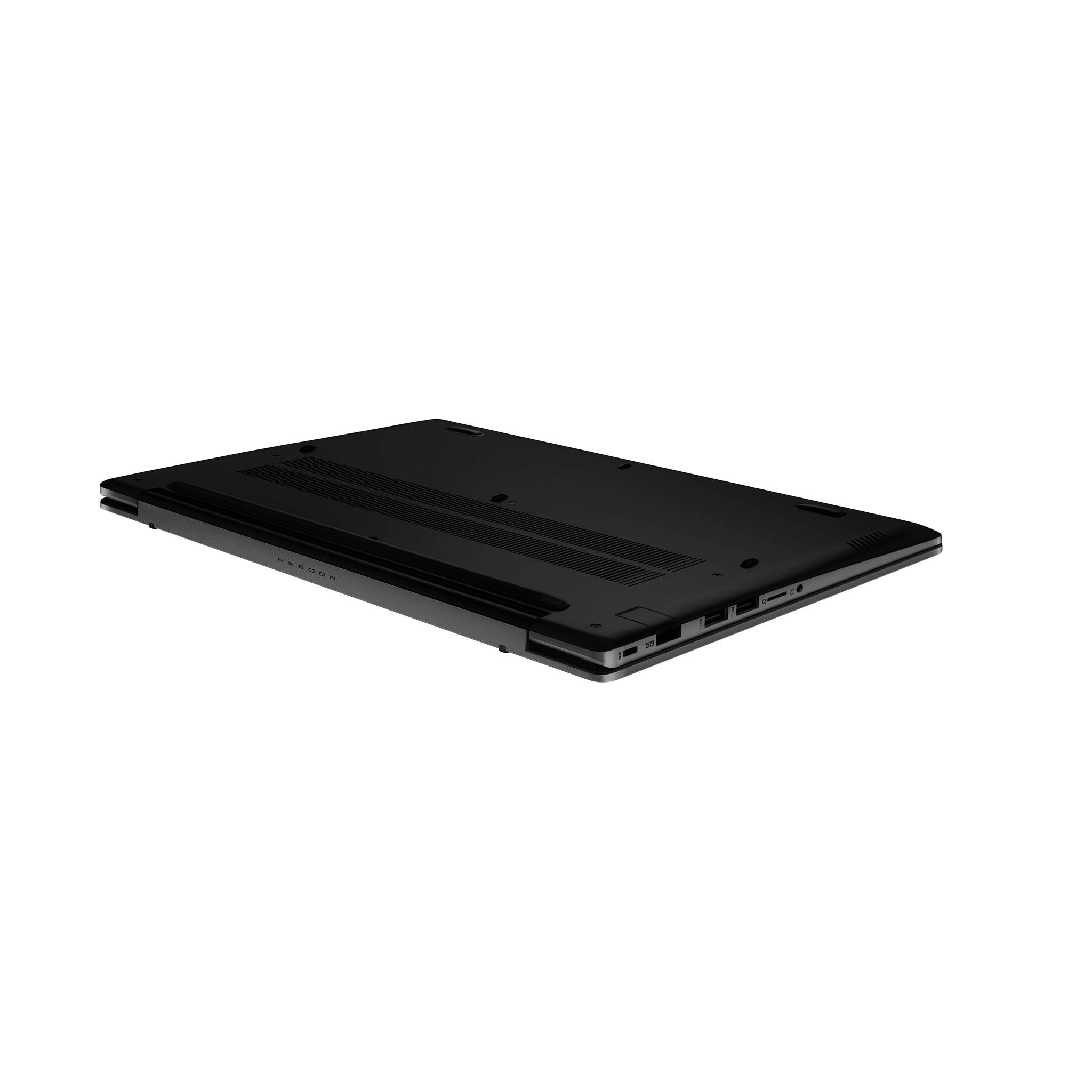 Schwarzer Laptop oder Tablet geschlossen, von einer angewinkelten Seite vor einem einfachen weißen Hintergrund gezeigt.