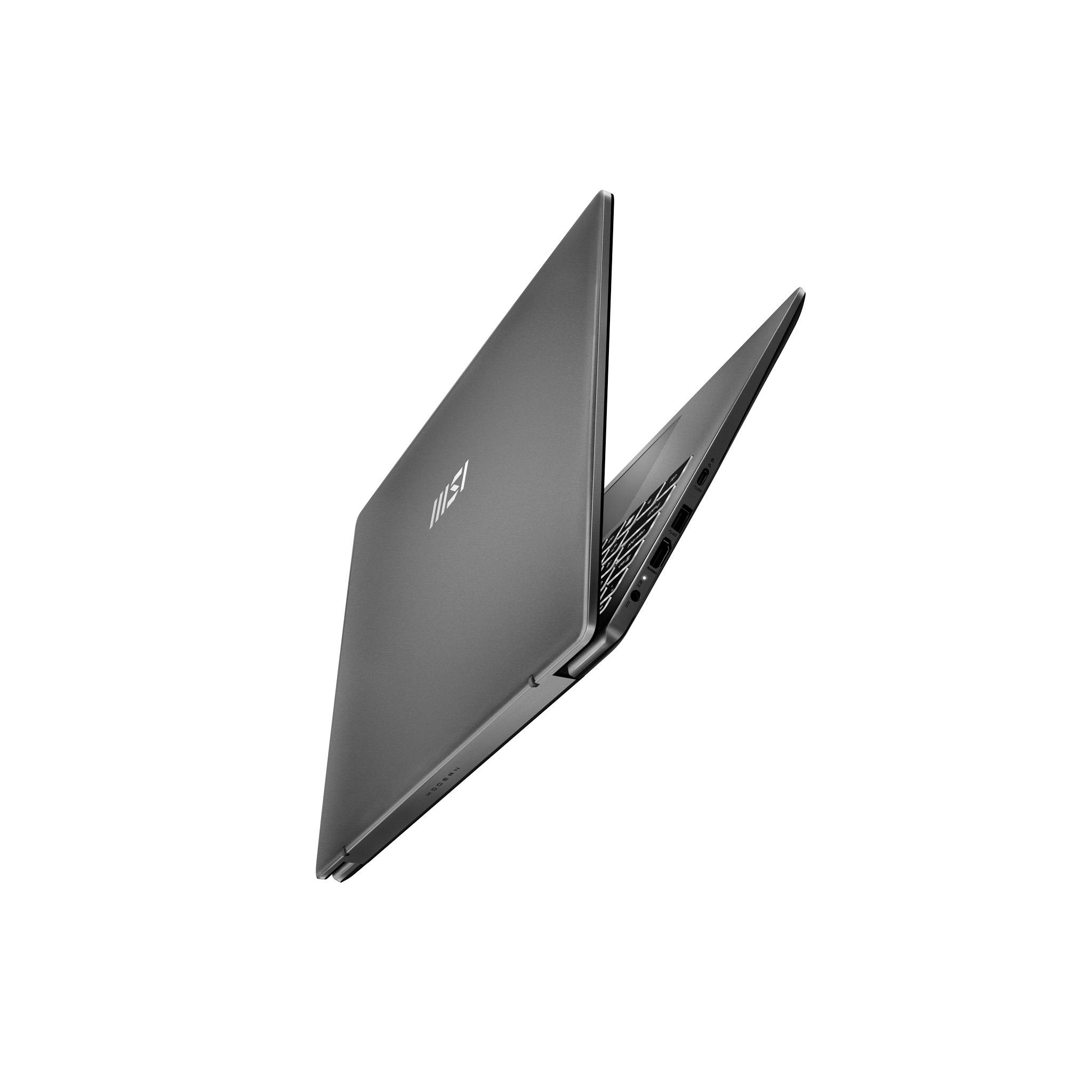 Offener grauer MSI-Laptop, teilweise geöffnet, auf weißem Hintergrund, aus der hinteren linken Perspektive betrachtet.