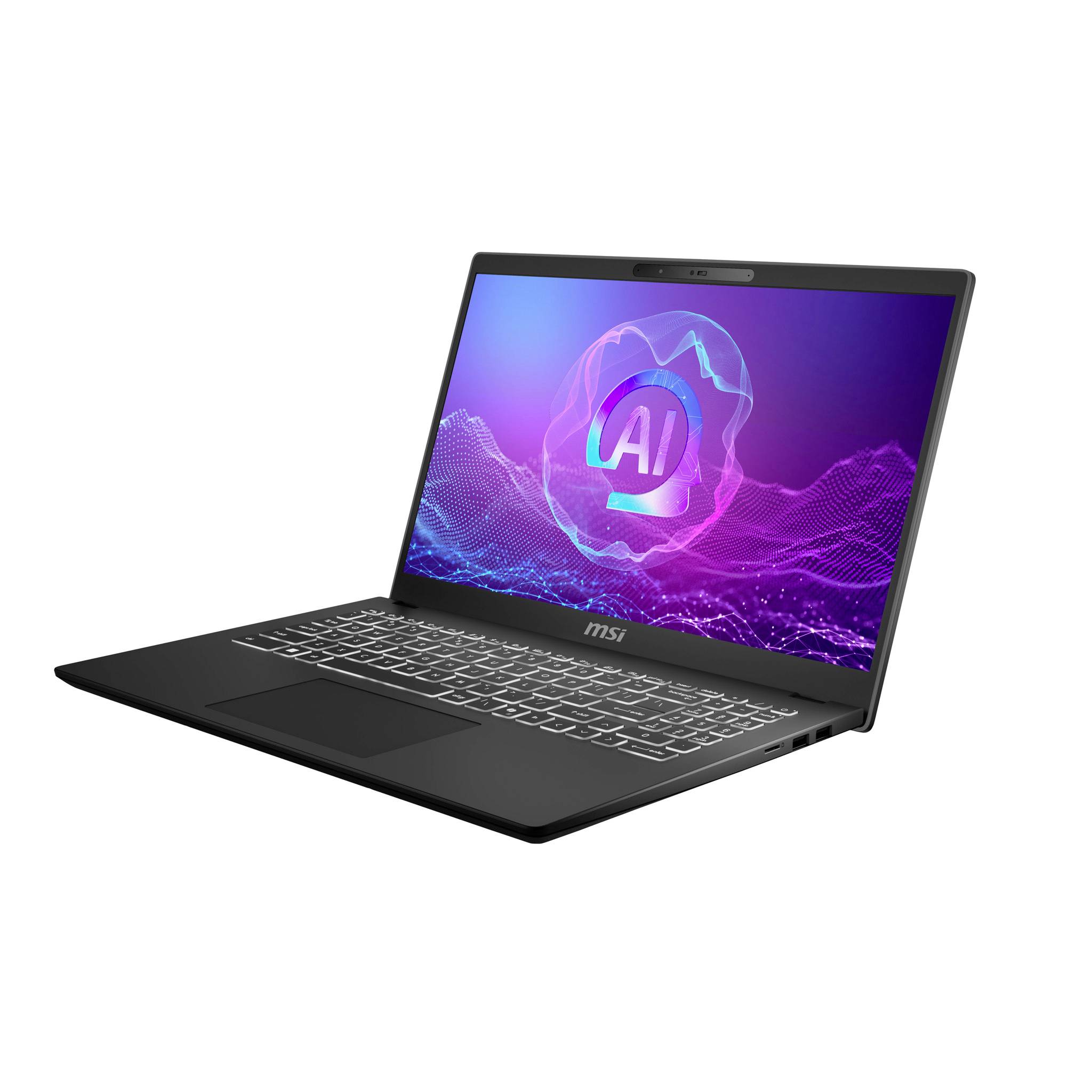 Schwarzer MSI-Laptop mit Bildschirm, der ein KI-Symbol und lila digitale Wellengrafiken auf weißem Hintergrund anzeigt.