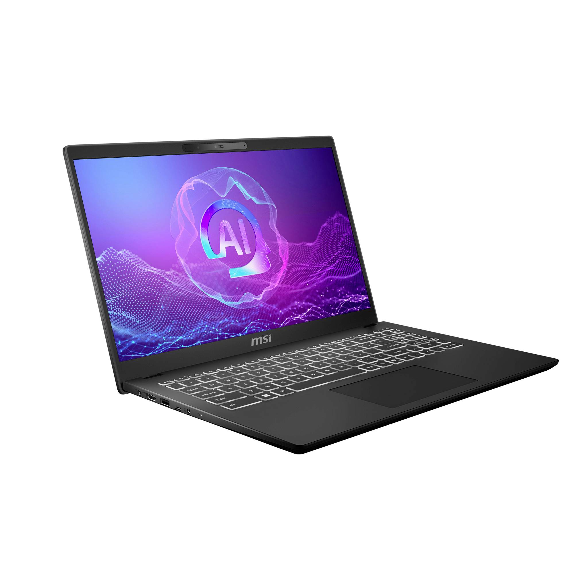 Schwarzer MSI-Laptop in schräger Position geöffnet, zeigt eine lila „AI"-Grafik auf dem Bildschirm vor weißem Hintergrund.